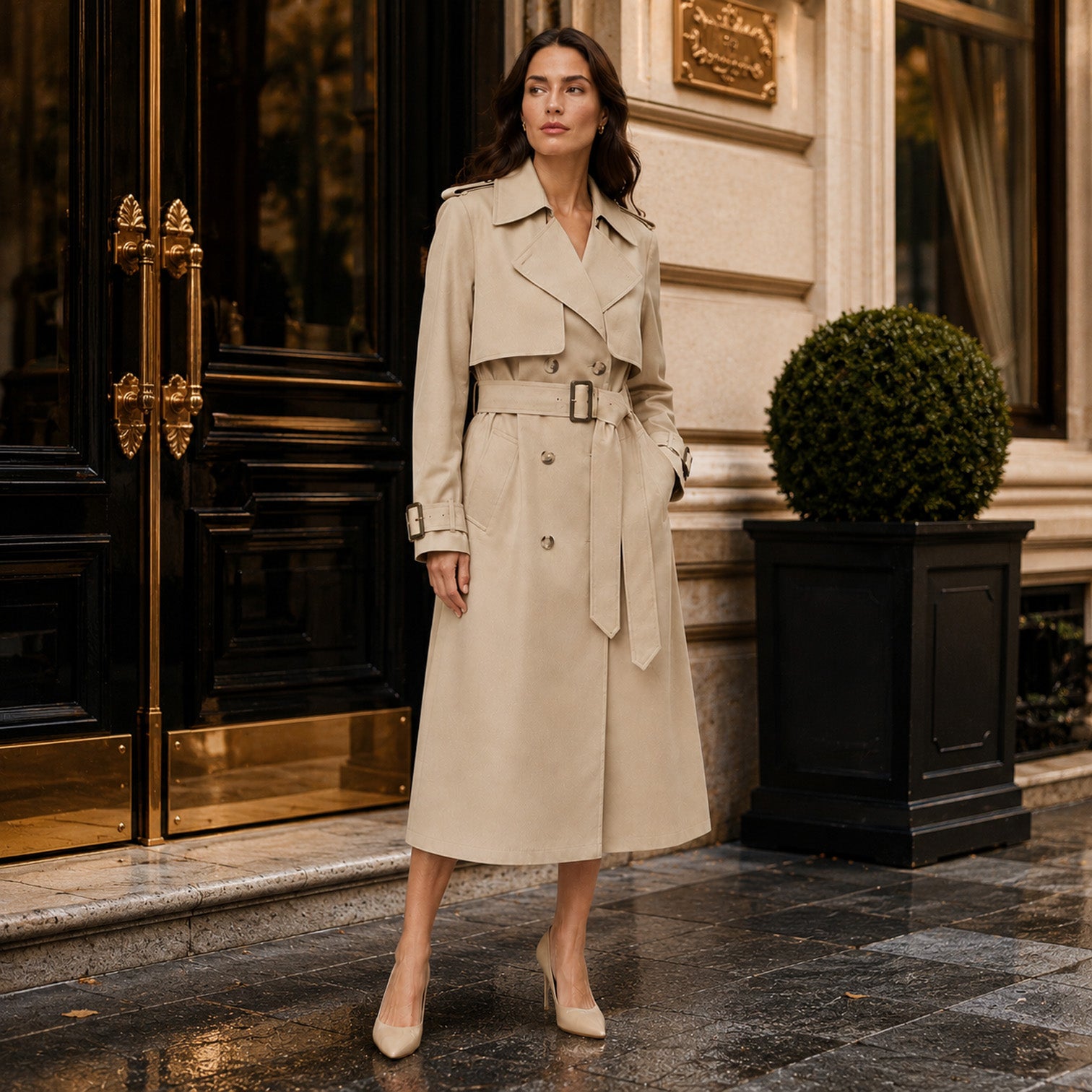 Monvaline | Women's Belted Long Trench Coat for Business Casual Wear