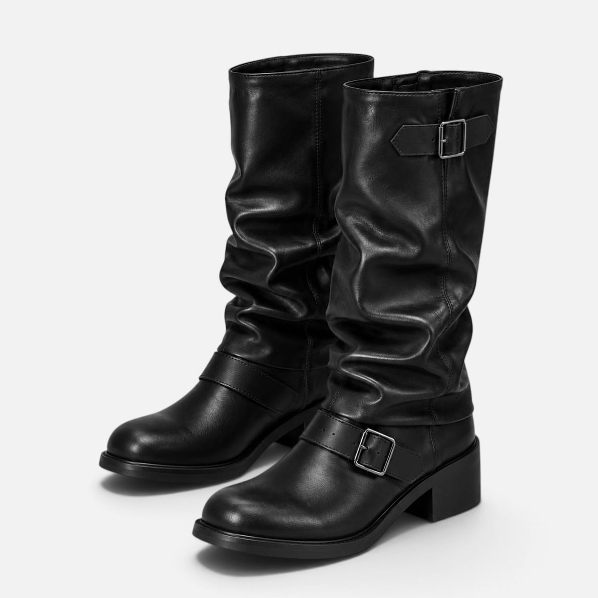 Monvaline | Women's Biker Boots – Faux Leather Slouch Knee-High Buckle Boots