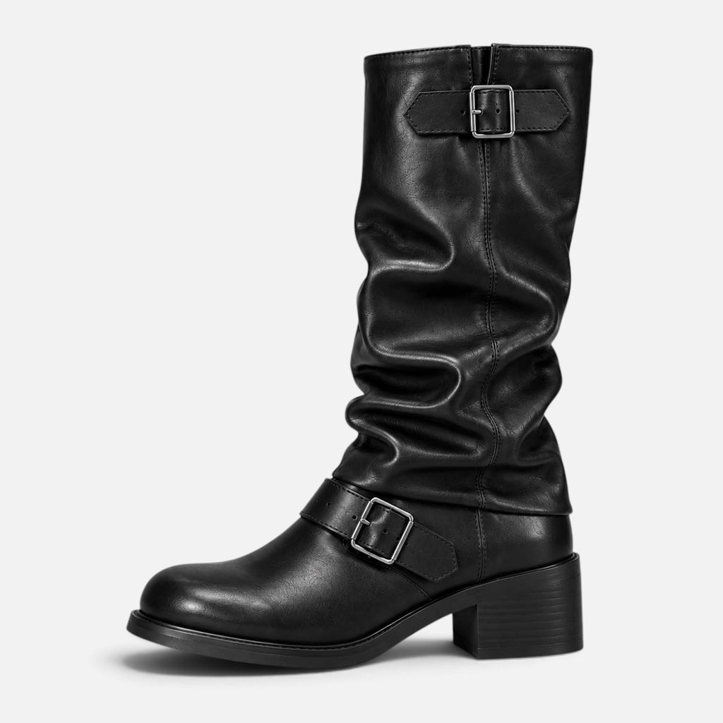 Monvaline | Women's Biker Boots – Faux Leather Slouch Knee-High Buckle Boots
