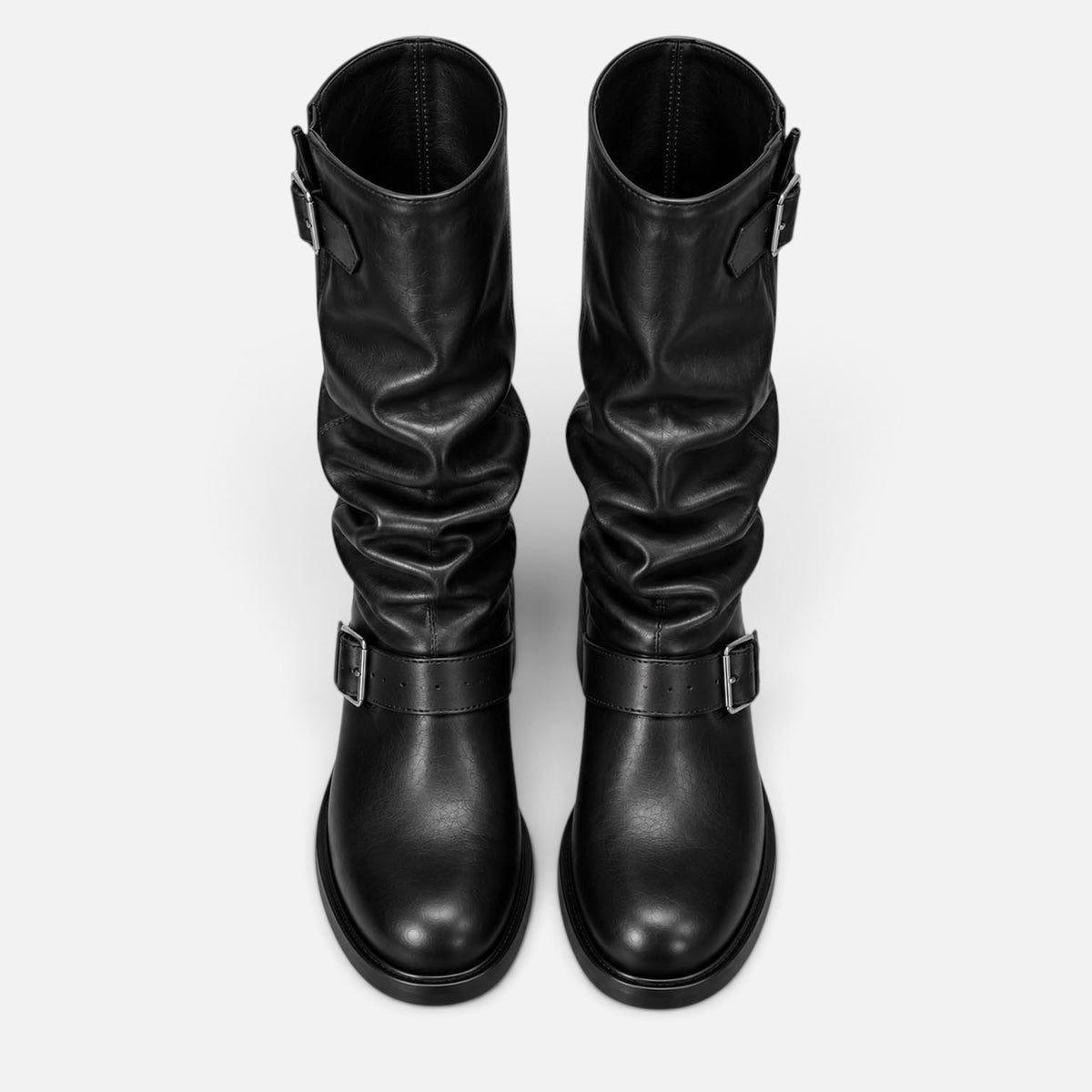 Monvaline | Women's Biker Boots – Faux Leather Slouch Knee-High Buckle Boots