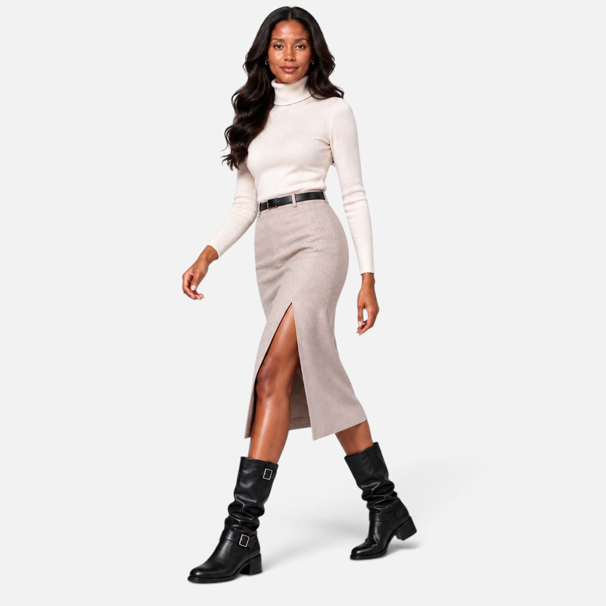 Monvaline | Women's Biker Boots – Faux Leather Slouch Knee-High Buckle Boots