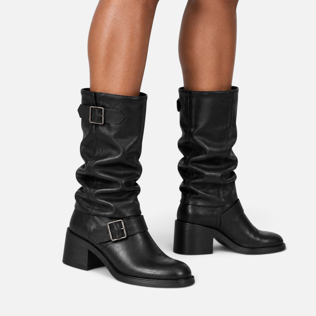 Monvaline | Women's Biker Boots – Faux Leather Slouch Knee-High Buckle Boots