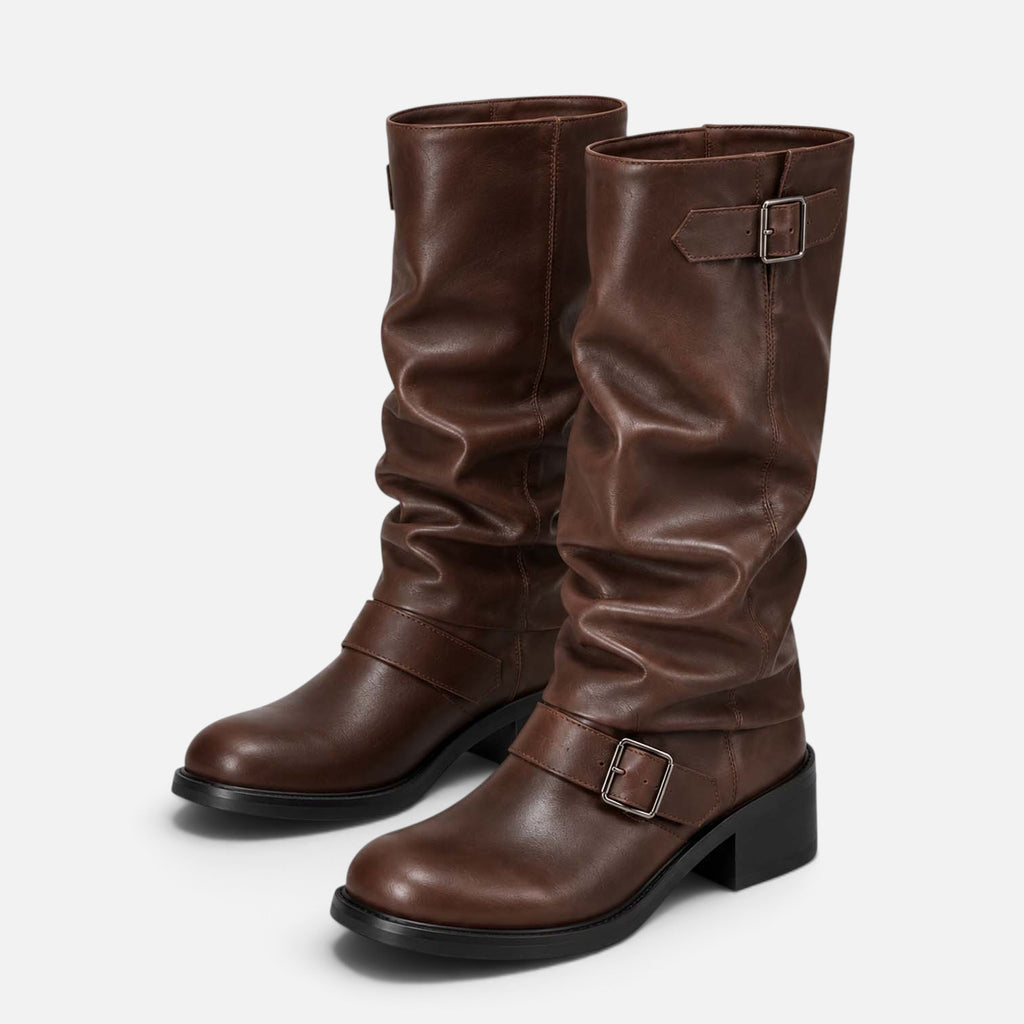 Monvaline | Women's Biker Boots – Faux Leather Slouch Knee-High Buckle Boots