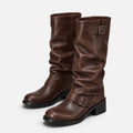 Monvaline | Women's Biker Boots – Faux Leather Slouch Knee-High Buckle Boots