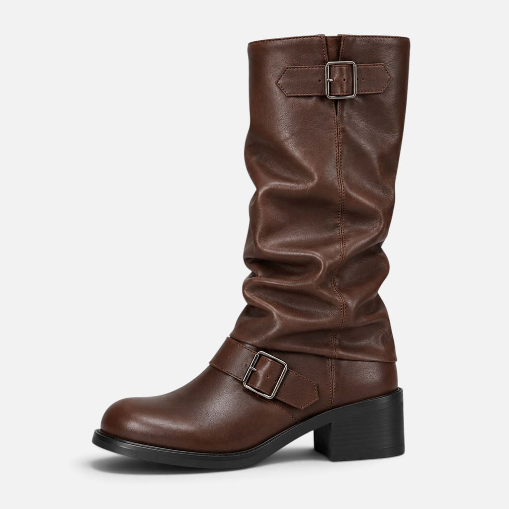 Monvaline | Women's Biker Boots – Faux Leather Slouch Knee-High Buckle Boots