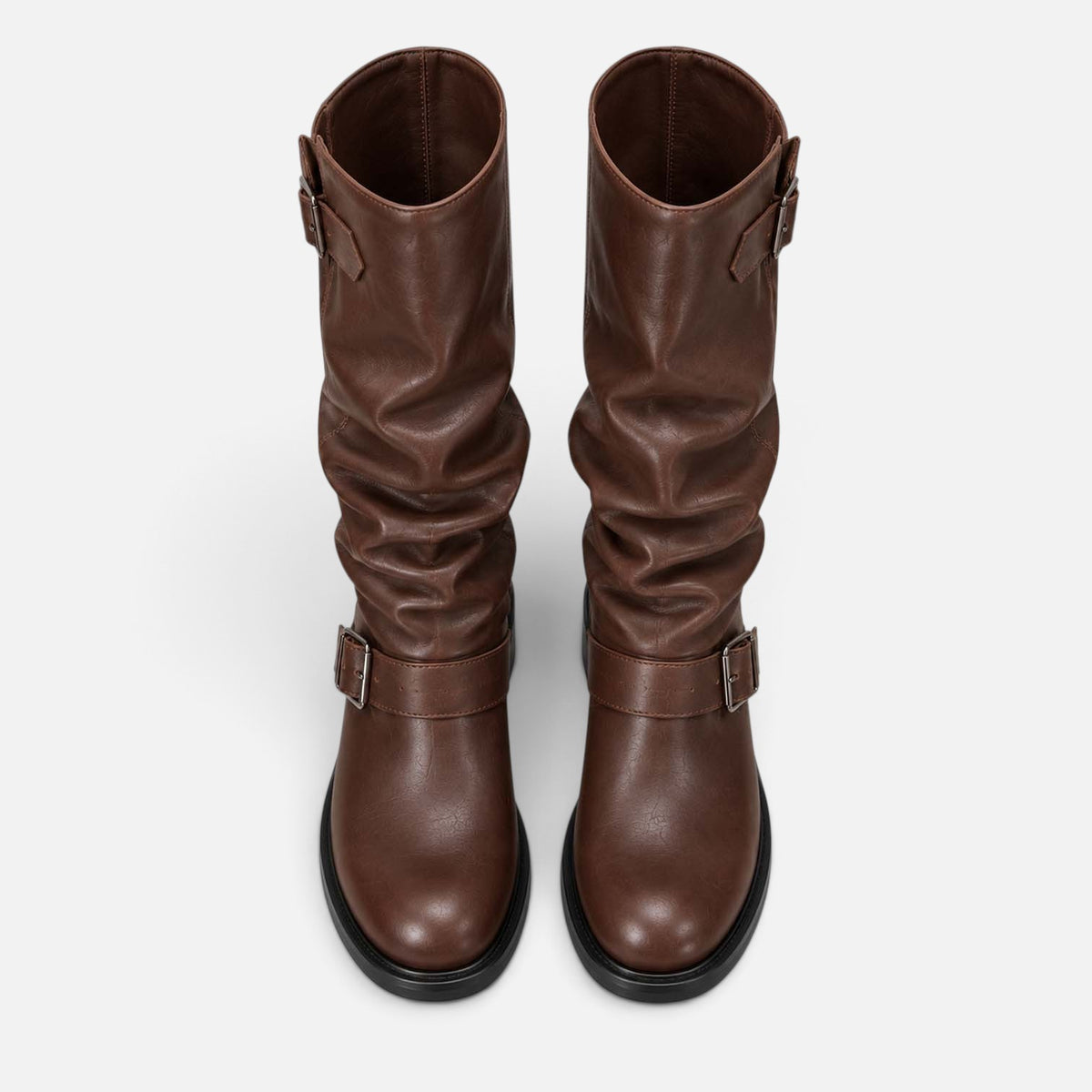 Monvaline | Women's Biker Boots – Faux Leather Slouch Knee-High Buckle Boots