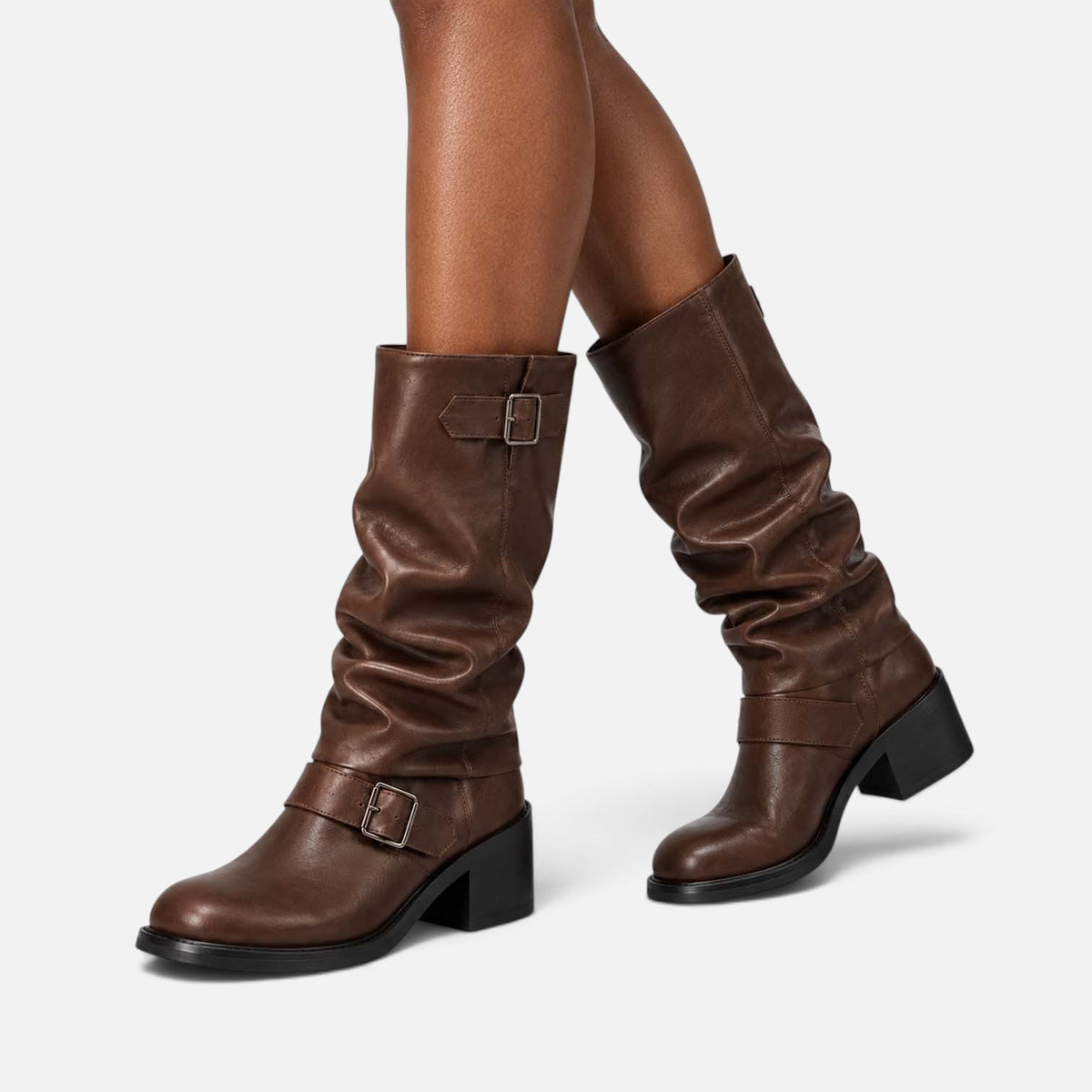 Monvaline | Women's Biker Boots – Faux Leather Slouch Knee-High Buckle Boots
