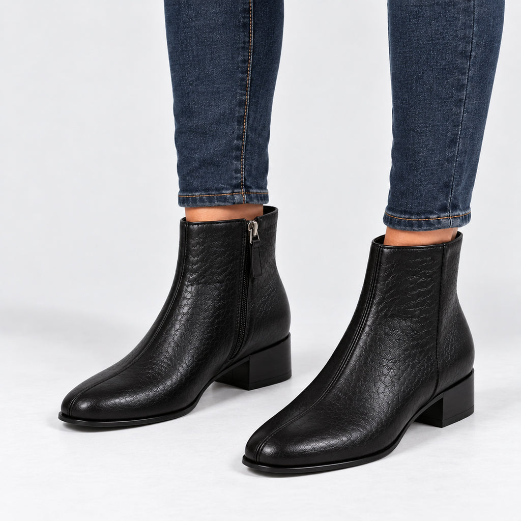 Monvaline | Women's Black Leather Ankle Boots with Zip