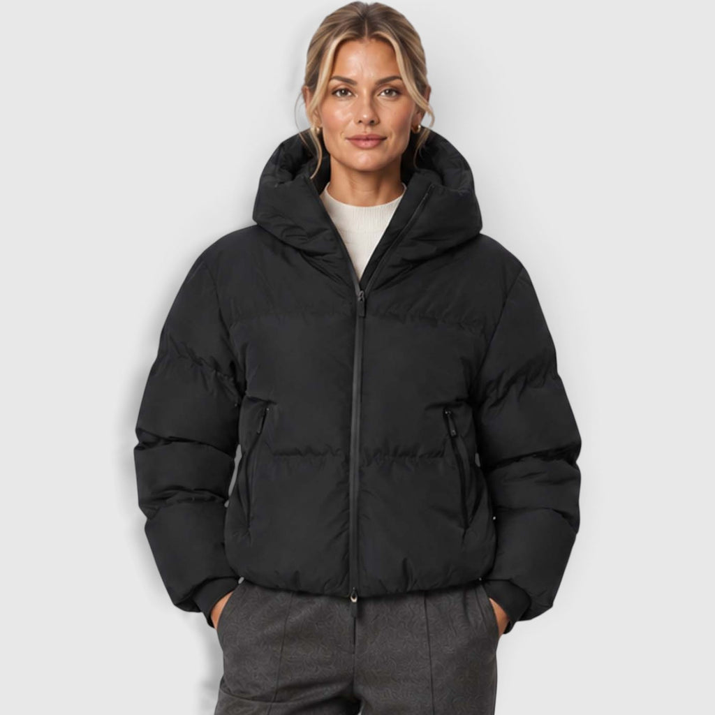 Monvaline | Women's Black Puffer Jacket – Short Water-Resistant Zip-Up