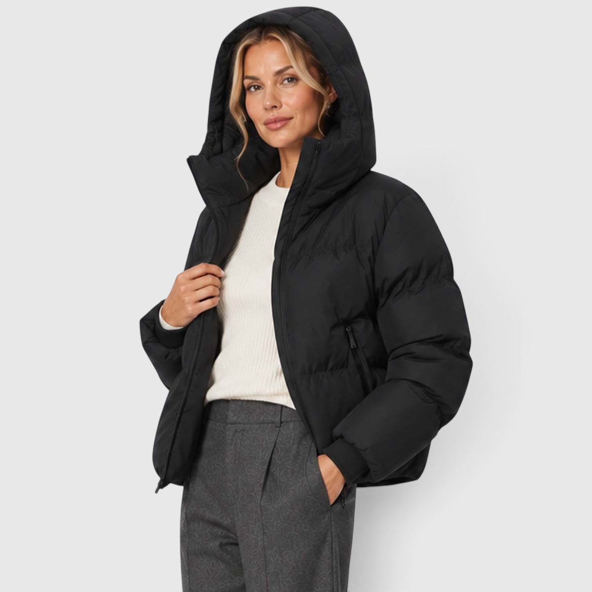 Monvaline | Women's Black Puffer Jacket – Short Water-Resistant Zip-Up