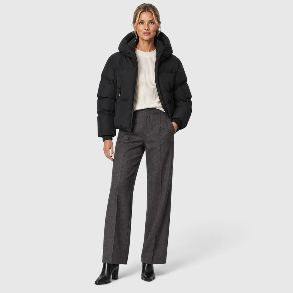 Monvaline | Women's Black Puffer Jacket – Short Water-Resistant Zip-Up