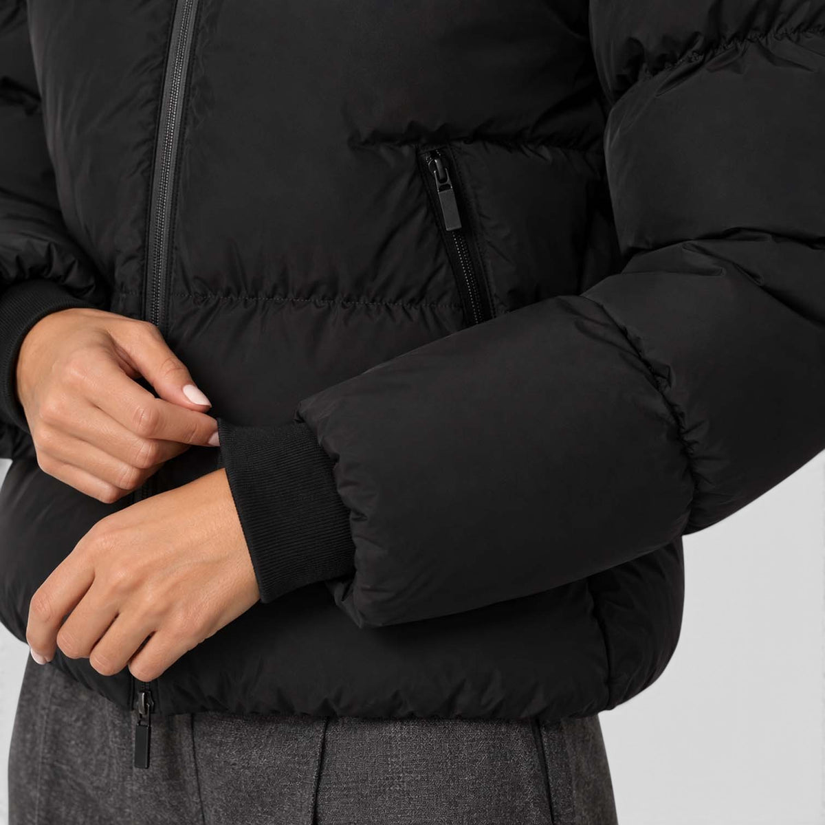 Monvaline | Women's Black Puffer Jacket – Short Water-Resistant Zip-Up