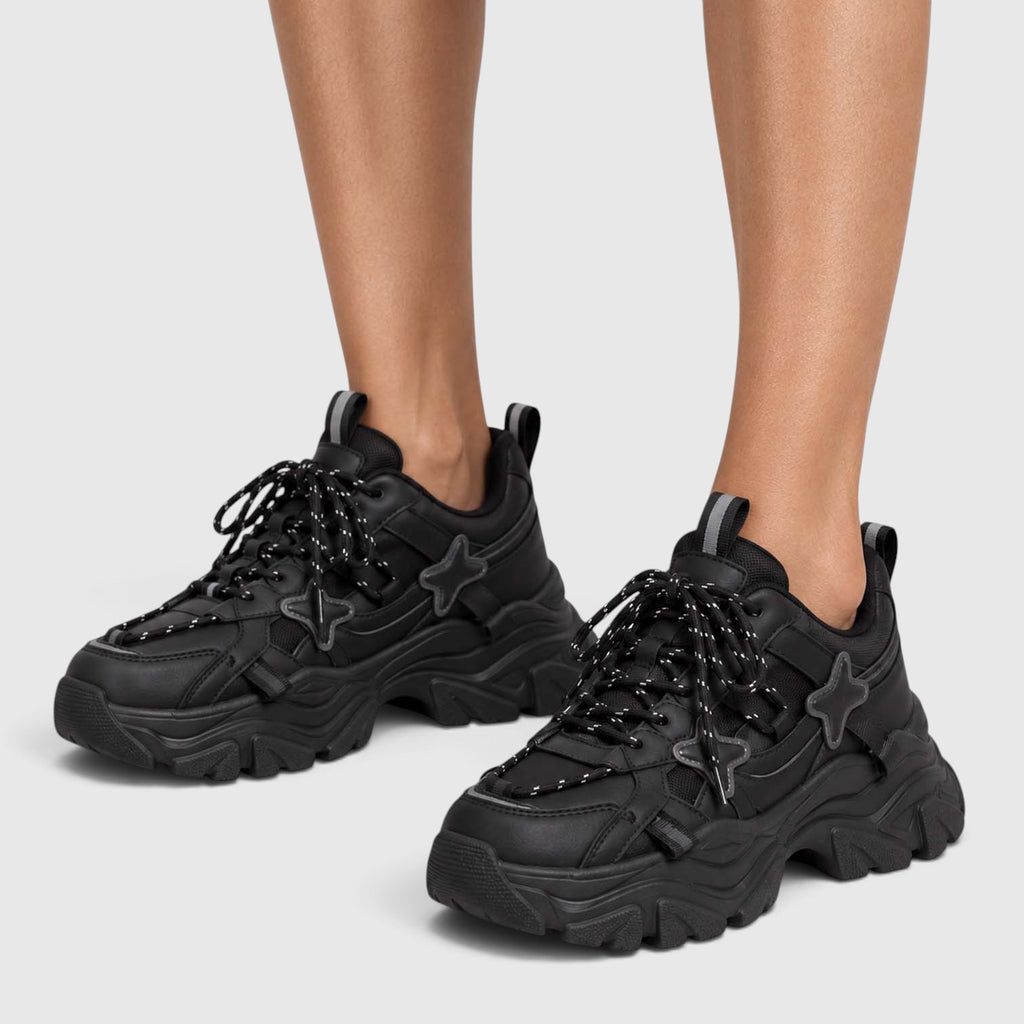 Monvaline | Women's Chunky Platform Sneakers – Lace-Up Star Detail