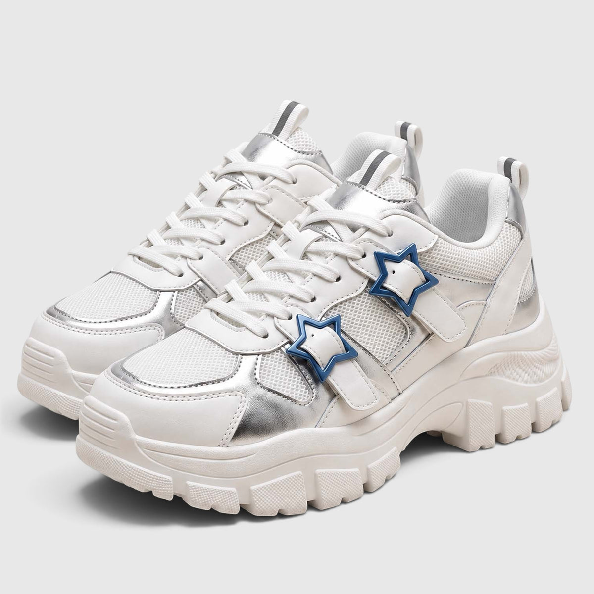 Monvaline | Women's Chunky Platform Sneakers – Lace-Up Star Detail