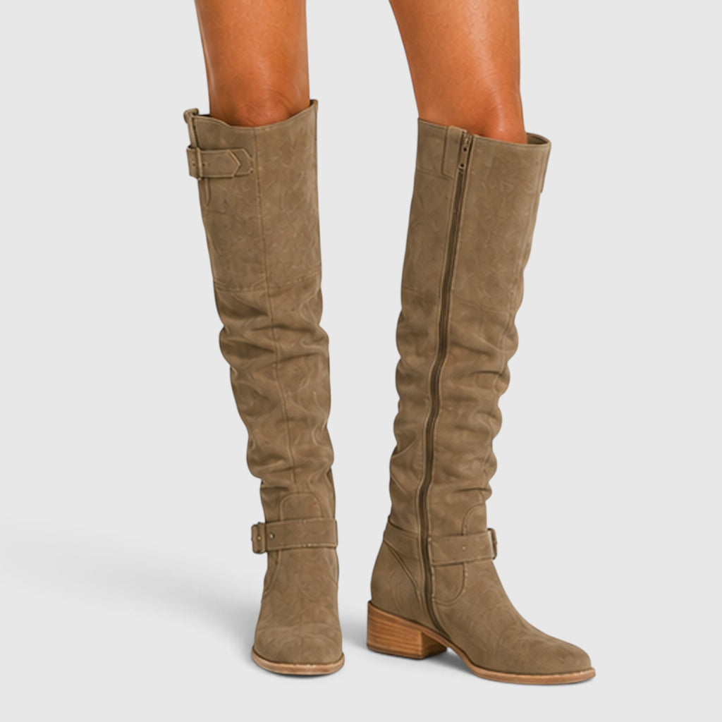 Monvaline | Women's Comfortable Suede Knee High Boots with Side Zipper
