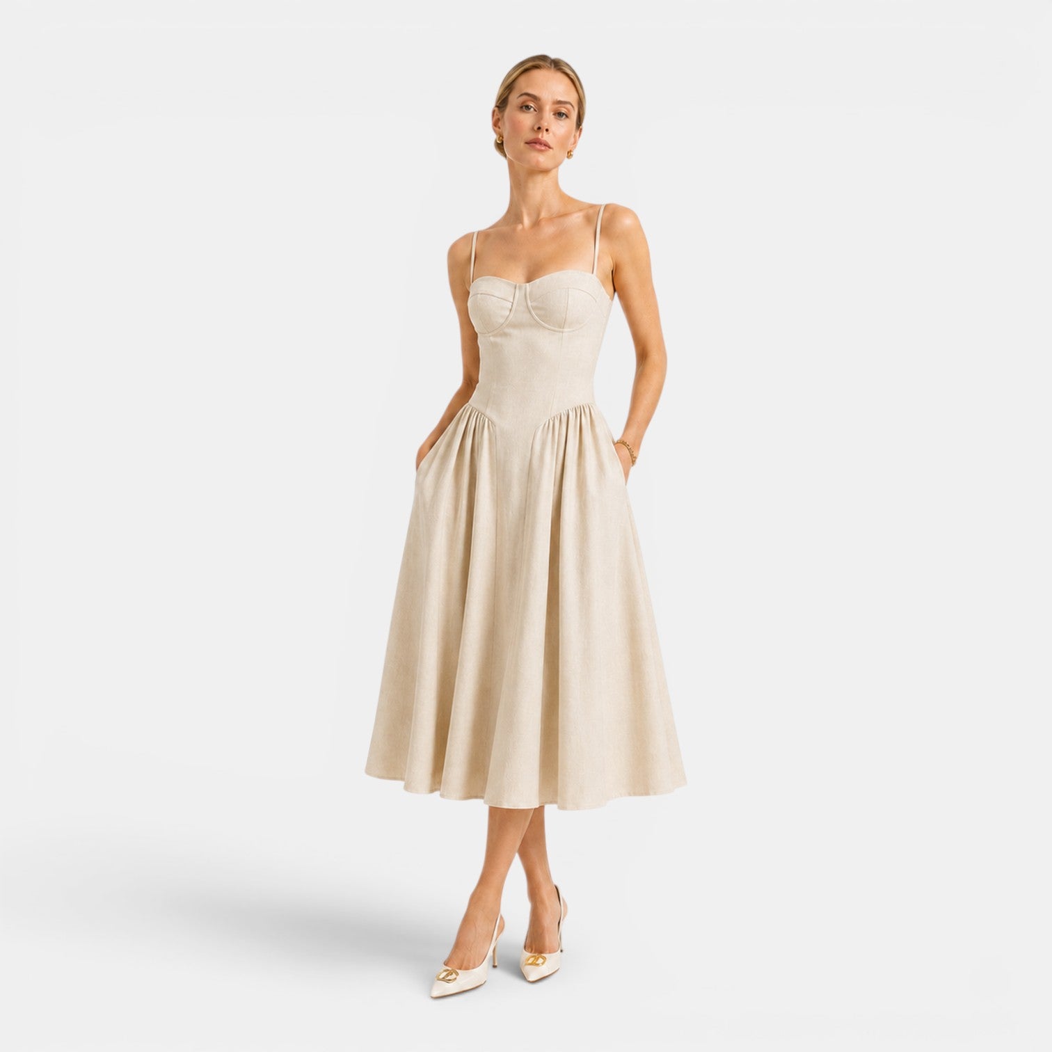 Monvaline | Women's Cotton Midi Dress Breathable Comfort High Waist Fit