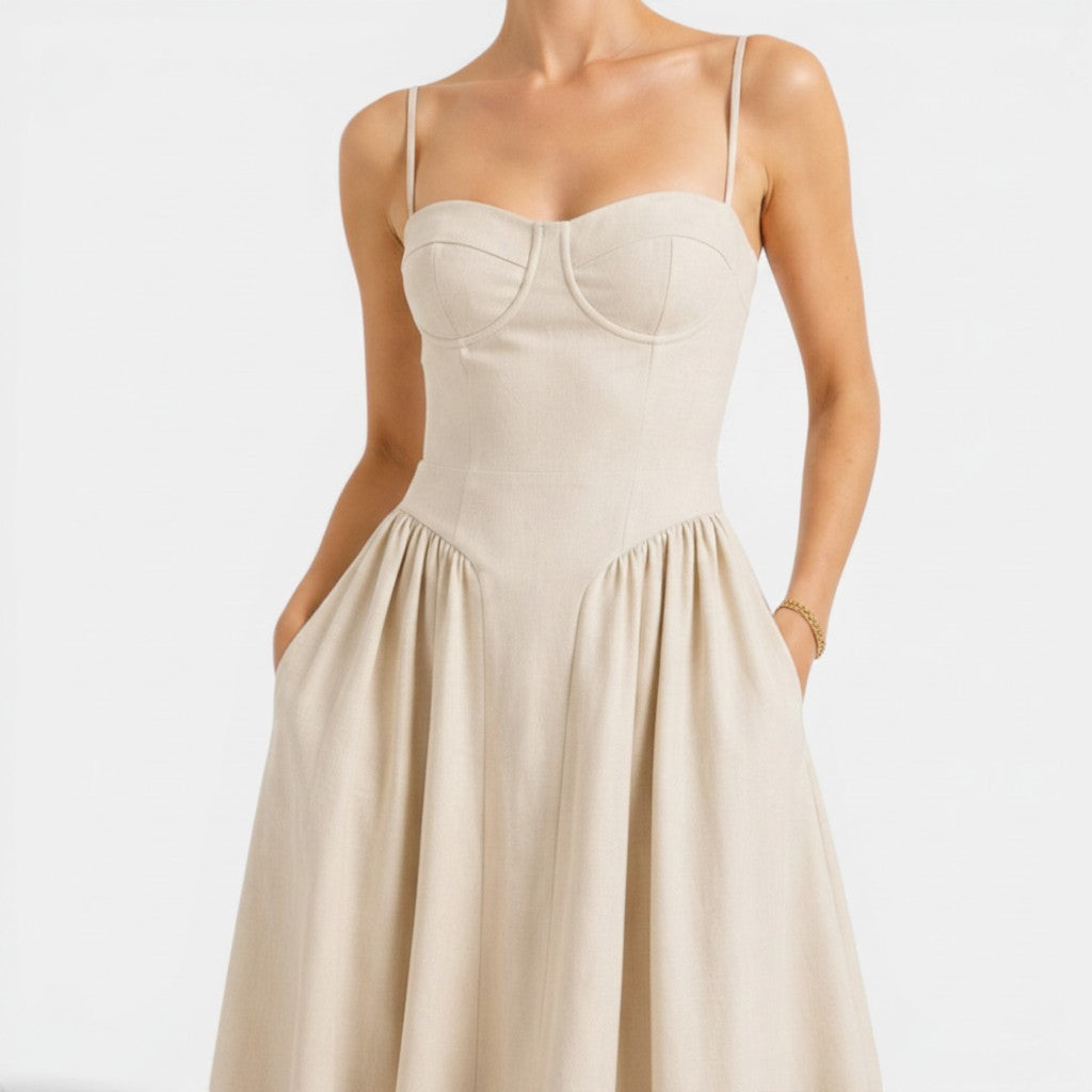 Monvaline | Women's Cotton Midi Dress Breathable Comfort High Waist Fit