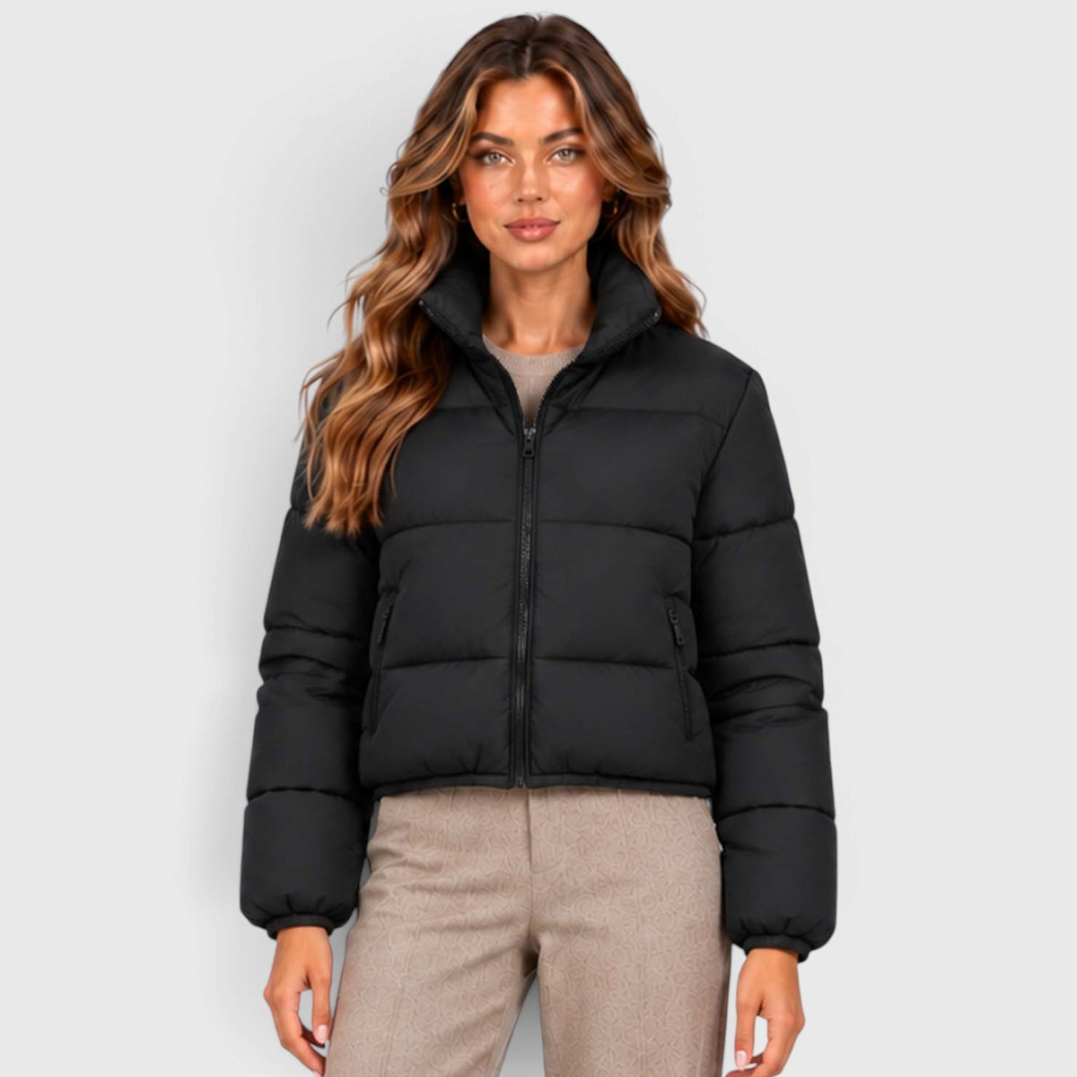 Monvaline | Women's Cropped Quilted Puffer Jacket High Collar