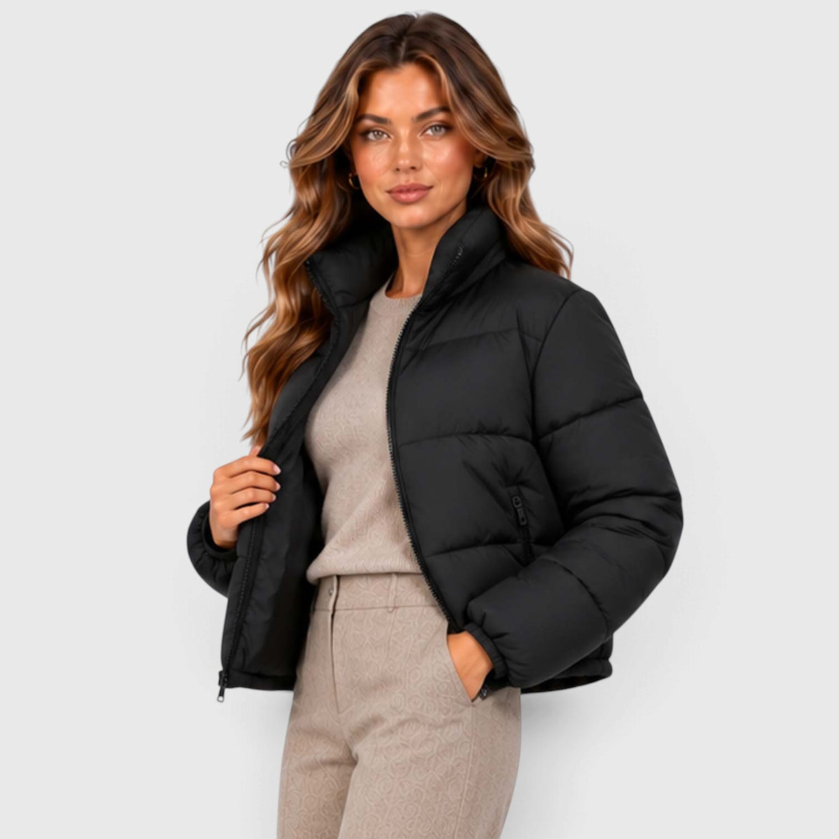Monvaline | Women's Cropped Quilted Puffer Jacket High Collar