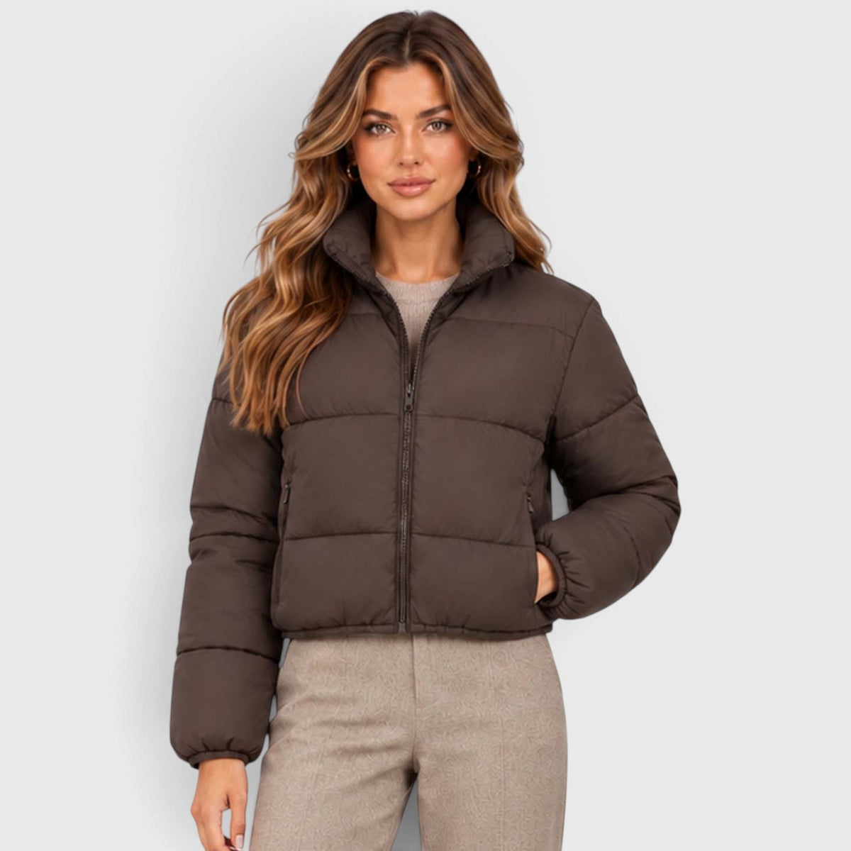 Monvaline | Women's Cropped Quilted Puffer Jacket High Collar