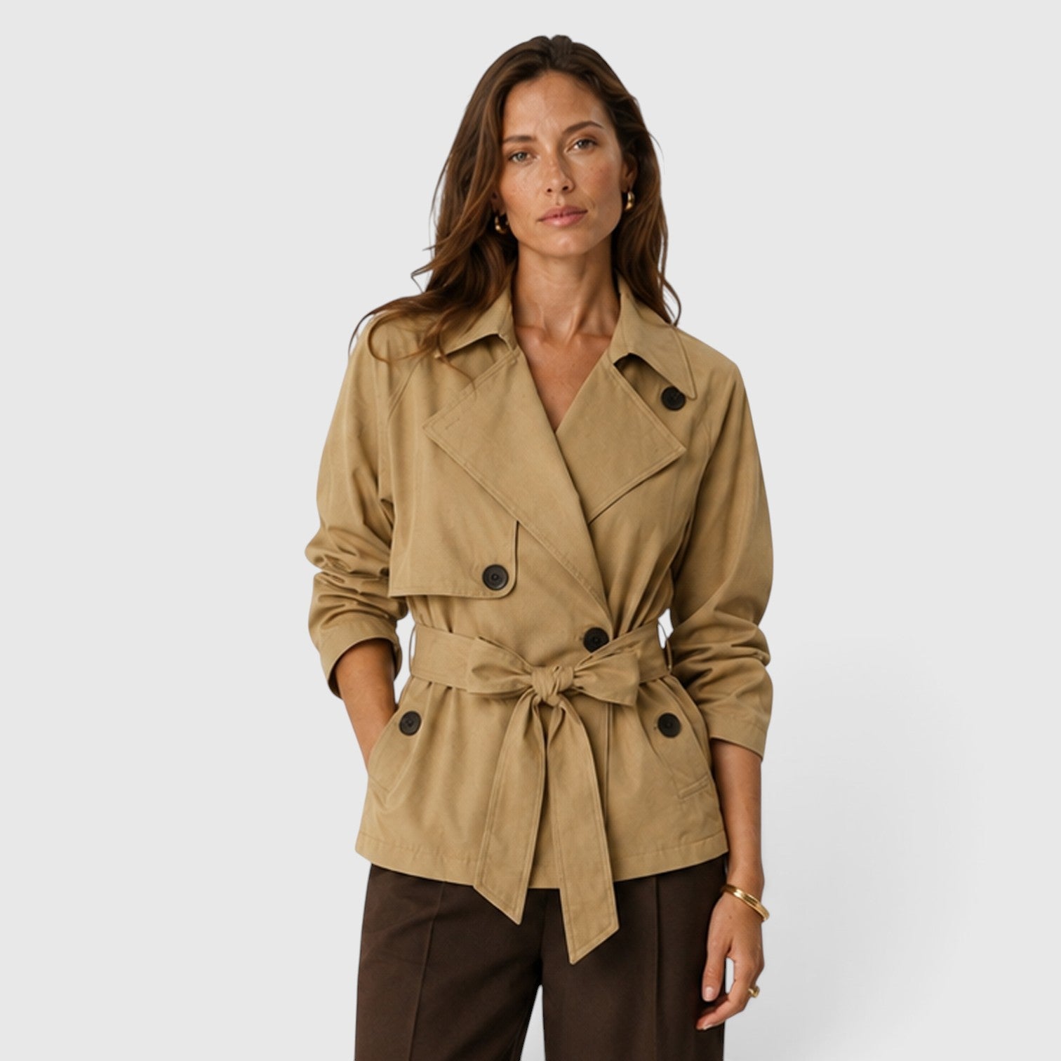 Monvaline | Women's Cropped Trench Coat – Double Breasted Tie Waist