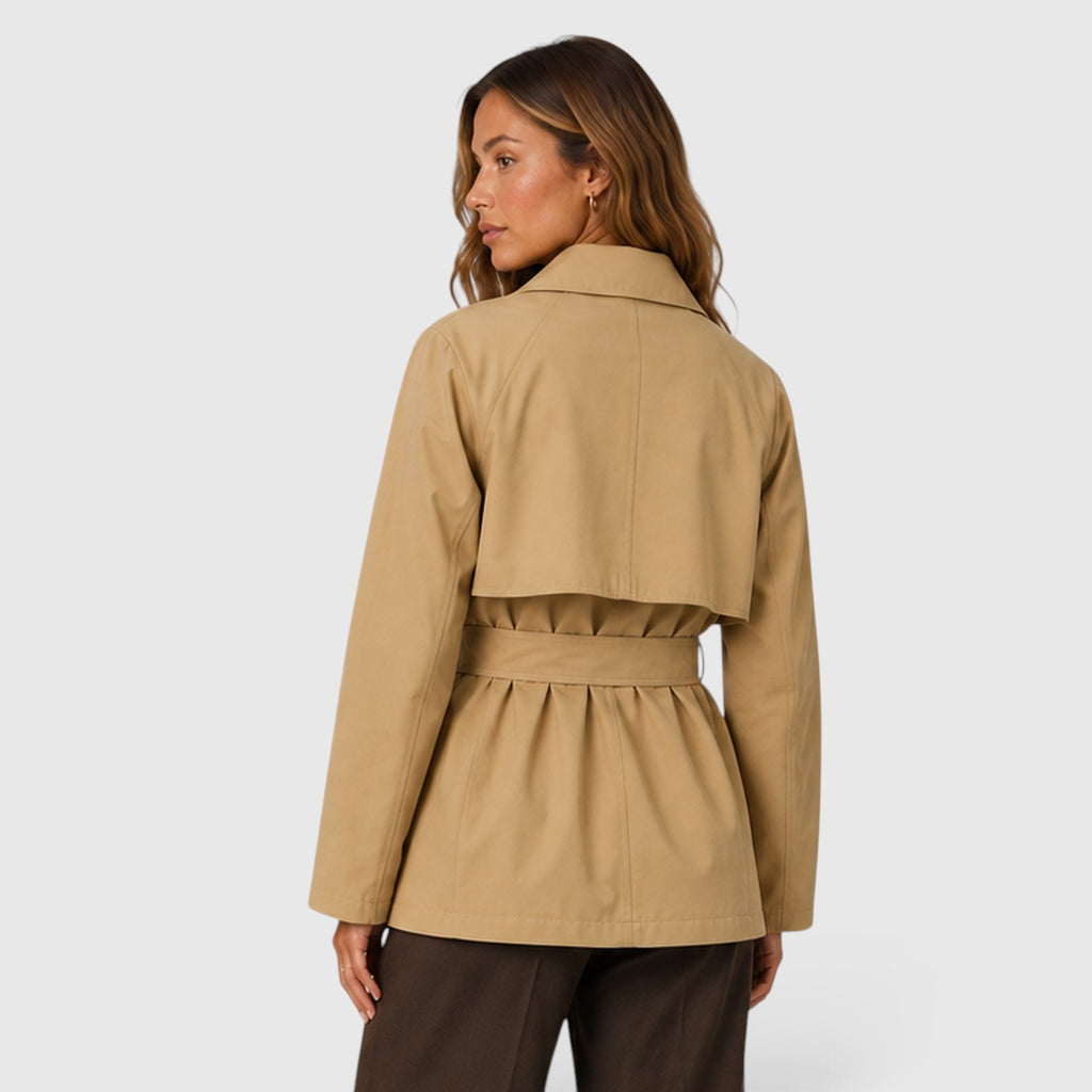 Monvaline | Women's Cropped Trench Coat – Double Breasted Tie Waist