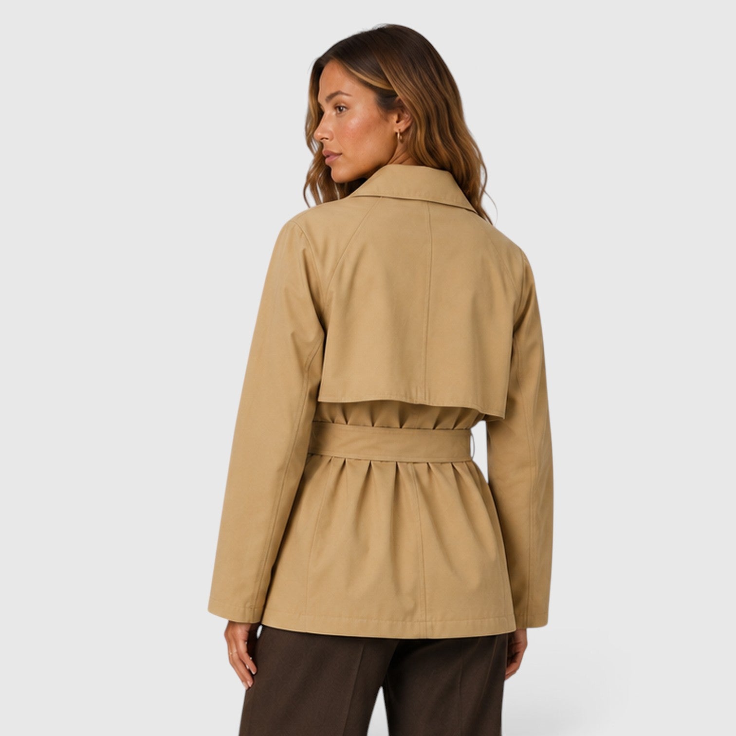 Monvaline | Women's Cropped Trench Coat – Double Breasted Tie Waist