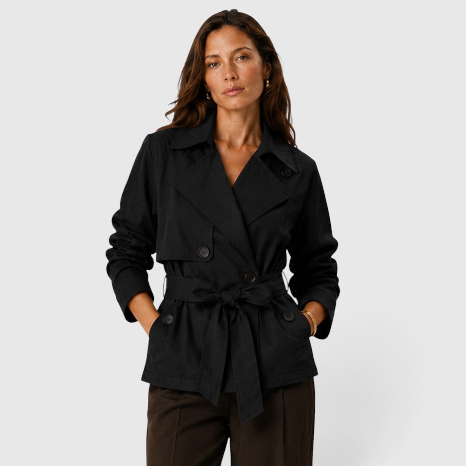 Monvaline | Women's Cropped Trench Coat – Double Breasted Tie Waist