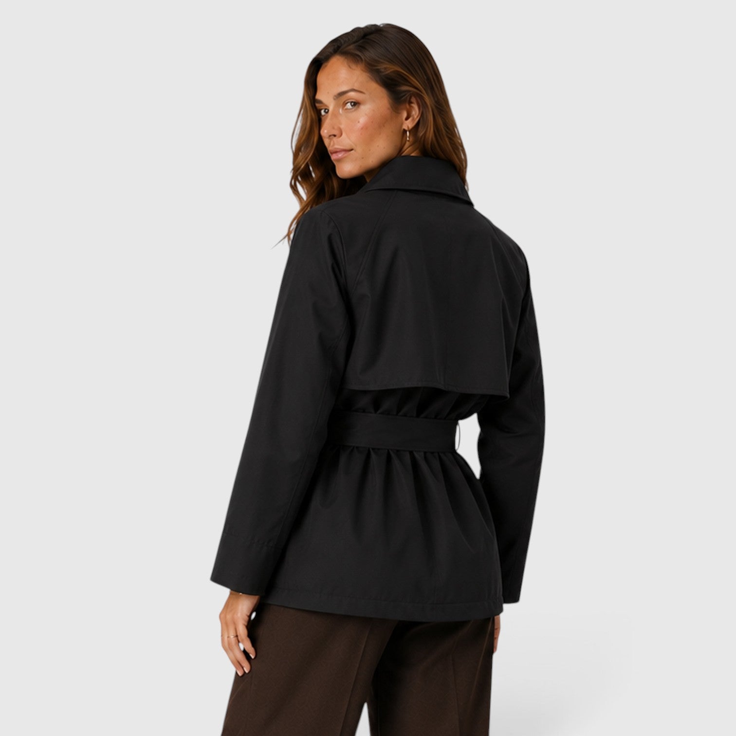 Monvaline | Women's Cropped Trench Coat – Double Breasted Tie Waist