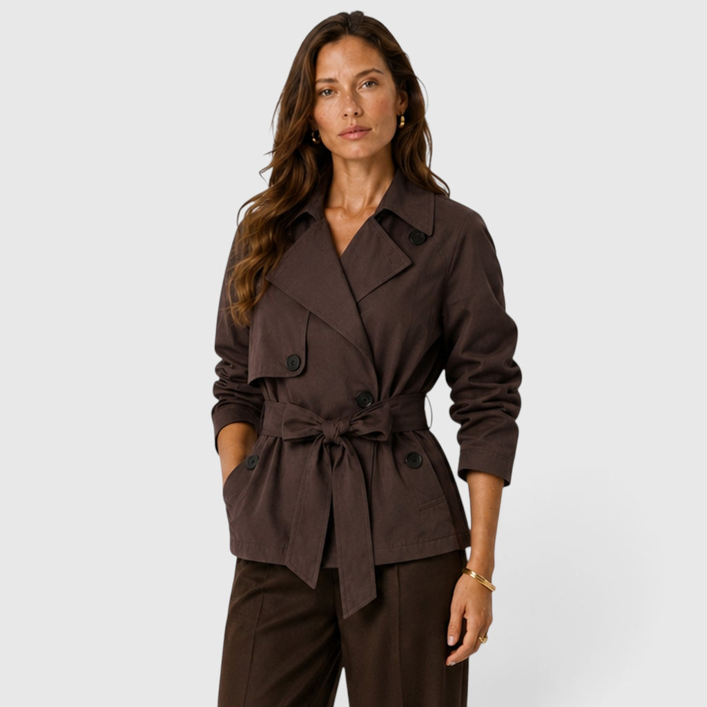 Monvaline | Women's Cropped Trench Coat – Double Breasted Tie Waist