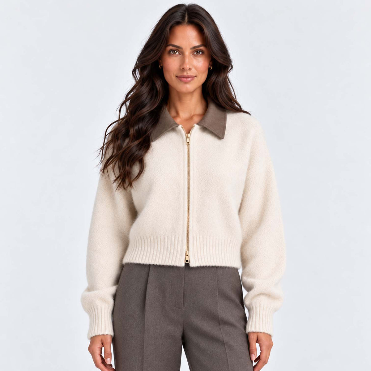 Monvaline | Women's Cropped Zip Up Cardigan Soft Knit Jumper