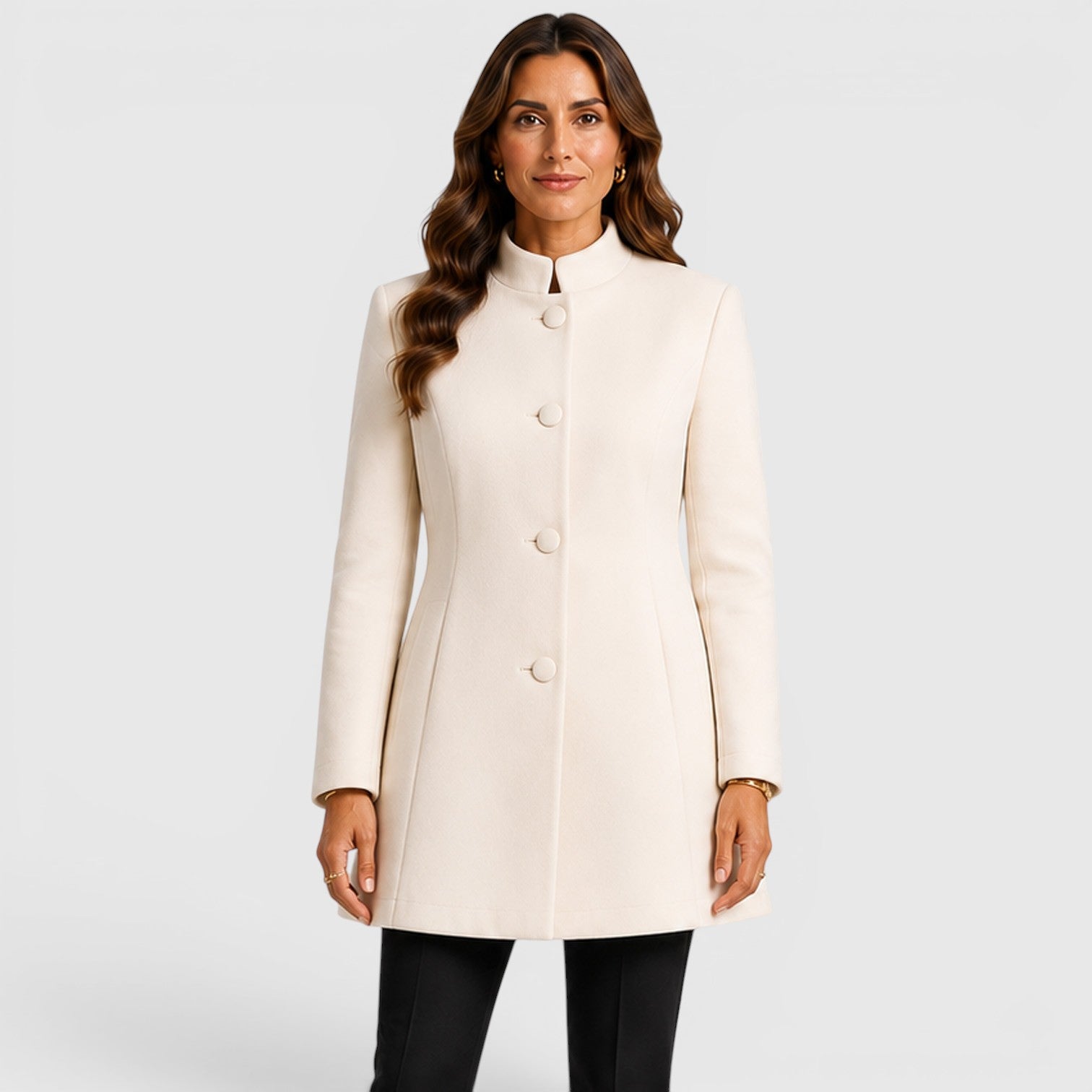 Monvaline | Women's Elegant Button Front Slim Fit Wool Coat