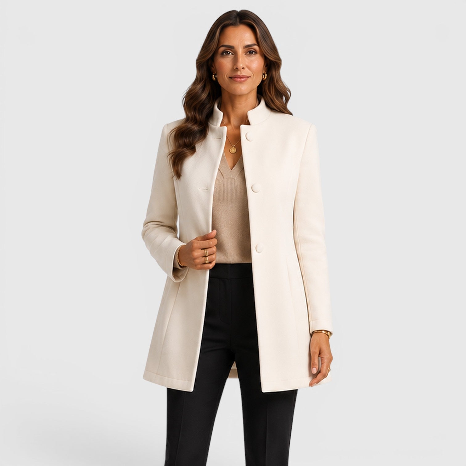 Monvaline | Women's Elegant Button Front Slim Fit Wool Coat