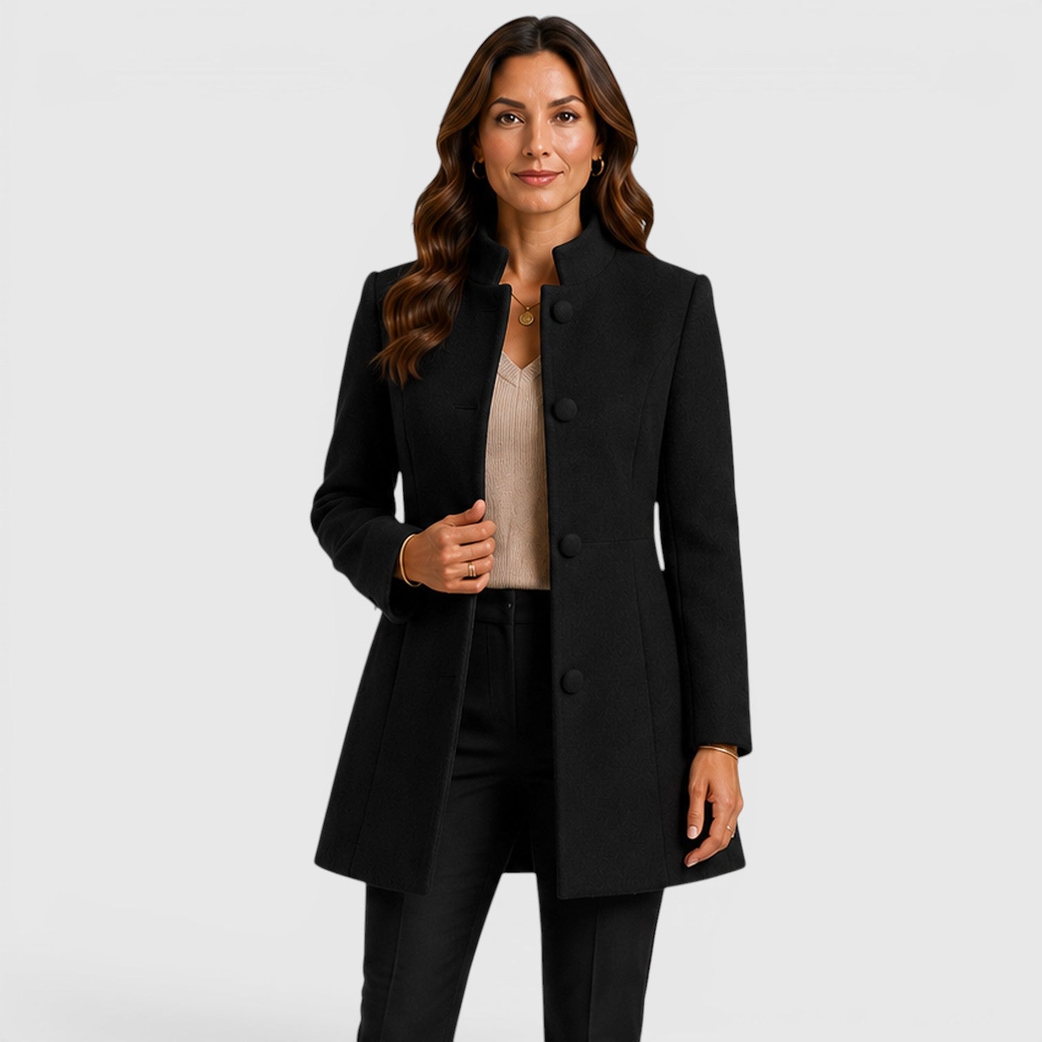 Monvaline | Women's Elegant Button Front Slim Fit Wool Coat