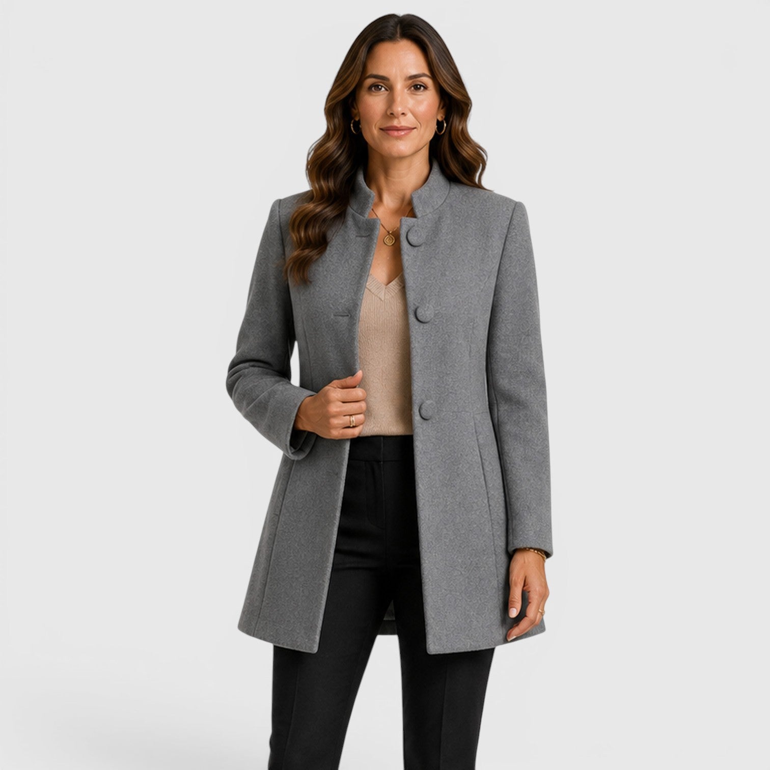 Monvaline | Women's Elegant Button Front Slim Fit Wool Coat
