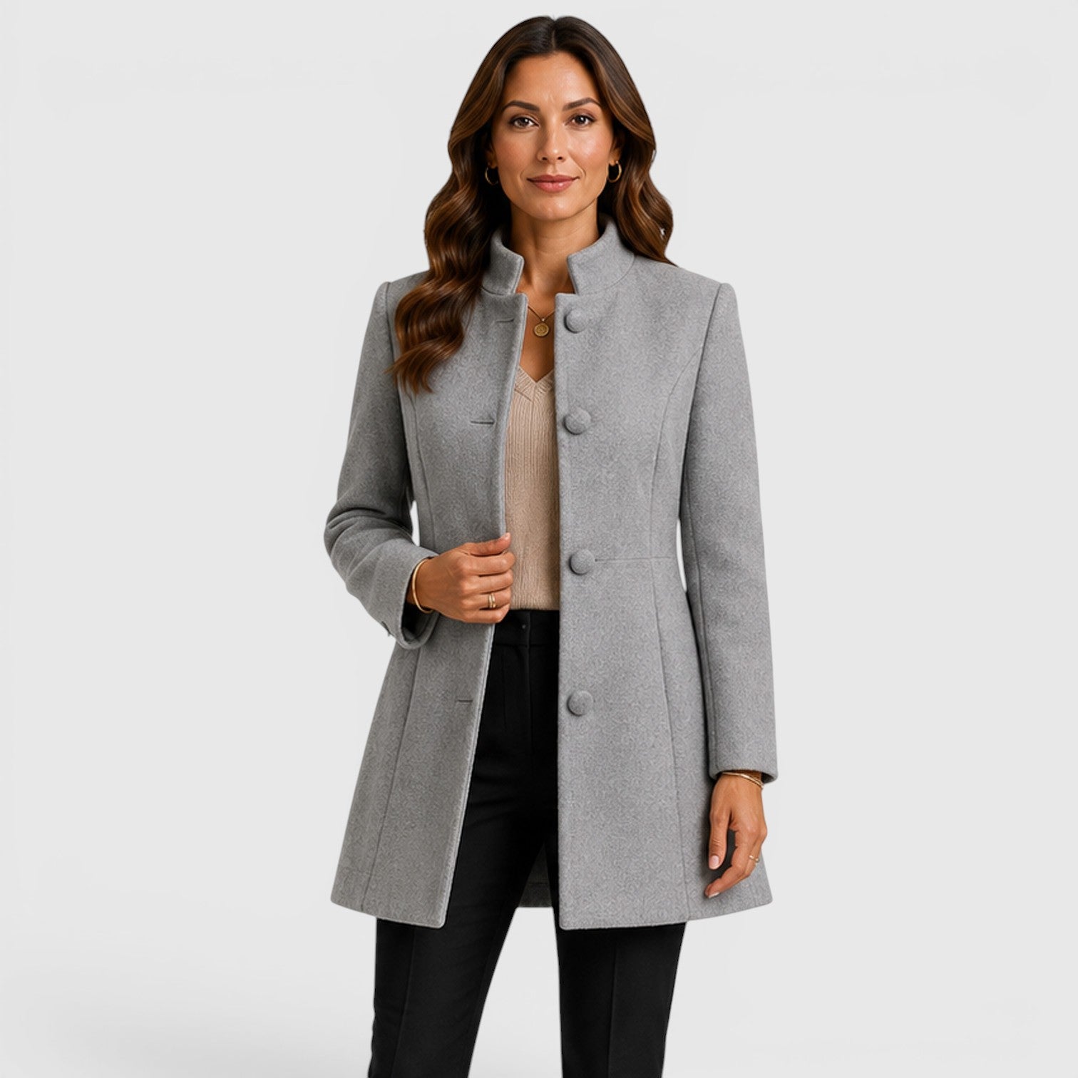 Monvaline | Women's Elegant Button Front Slim Fit Wool Coat