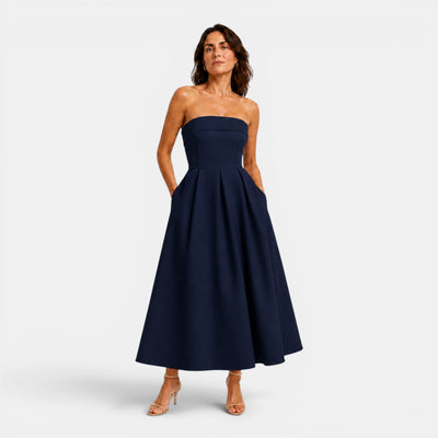 Monvaline | Women's Elegant Tube Top Dress – Pleated Formal Midi Dress