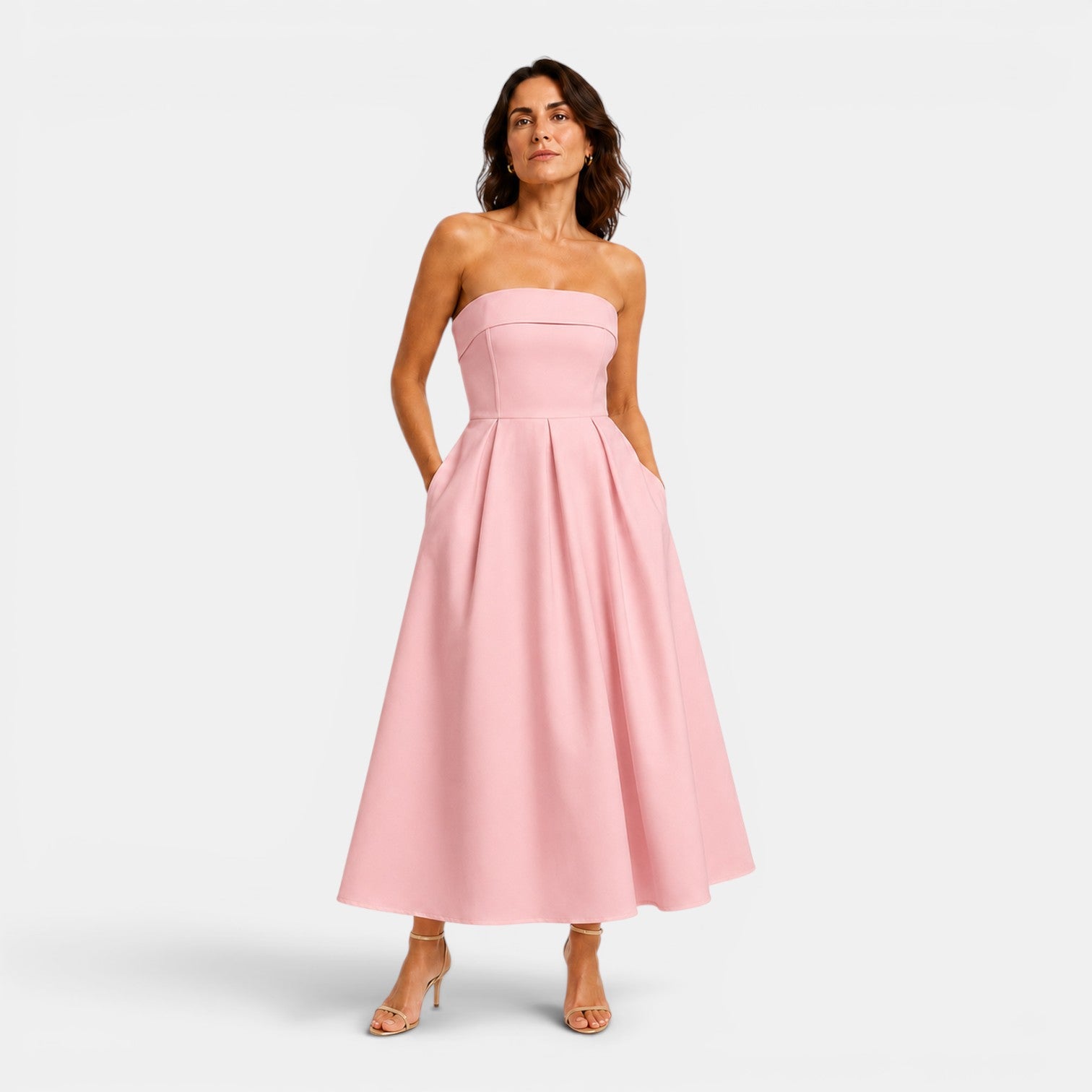 Monvaline | Women's Elegant Tube Top Dress – Pleated Formal Midi Dress