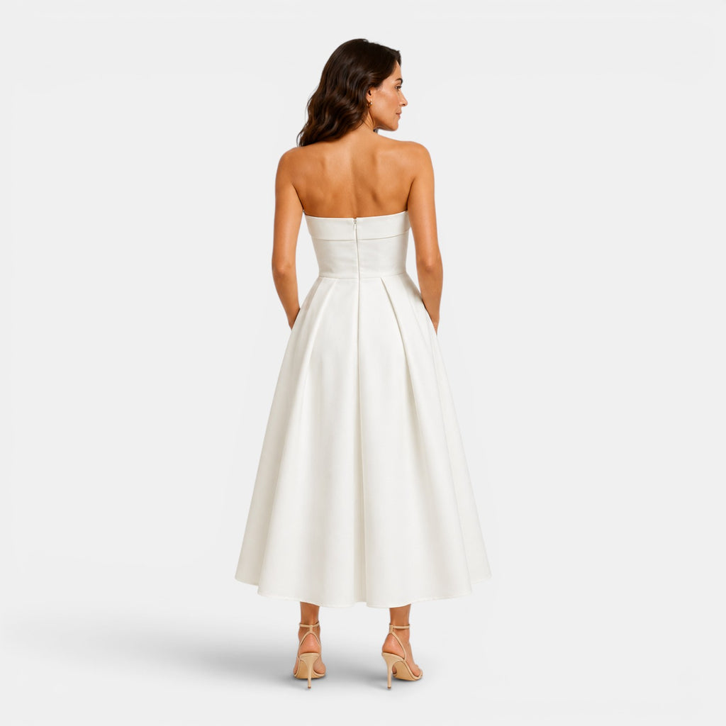 Monvaline | Women's Elegant Tube Top Dress – Pleated Formal Midi Dress