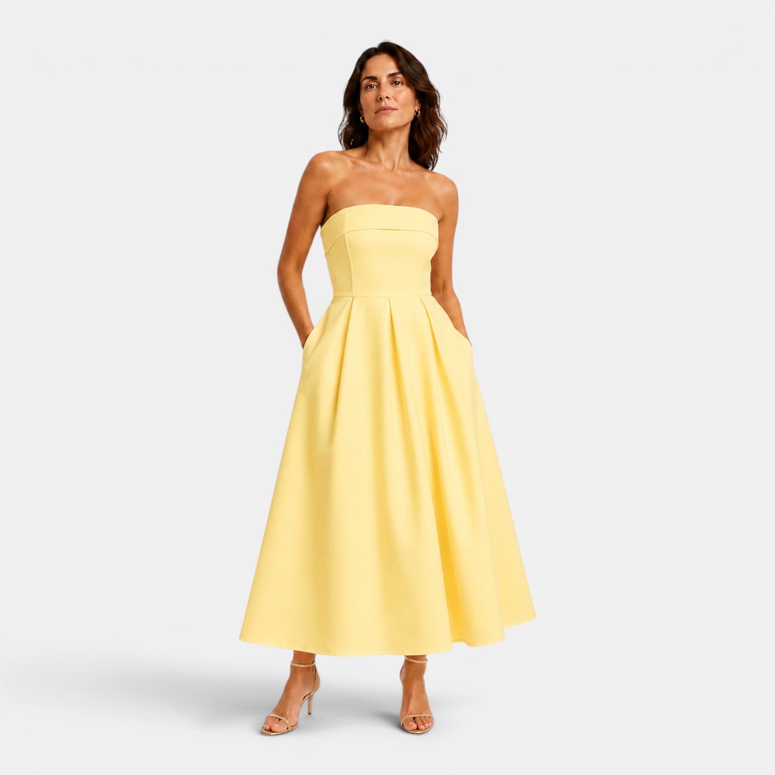 Monvaline | Women's Elegant Tube Top Dress – Pleated Formal Midi Dress