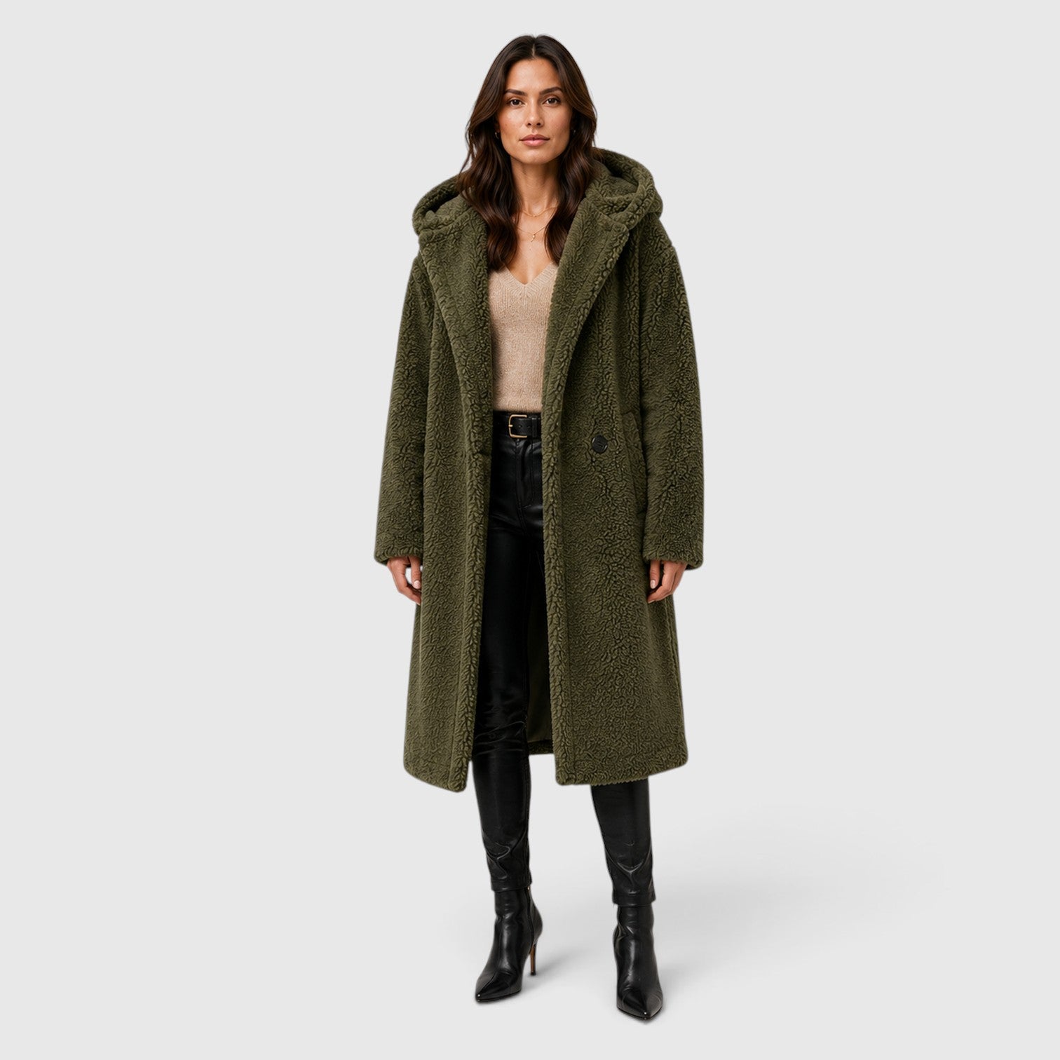 Monvaline | Women's Faux Fleece Coat – Hooded Long Design