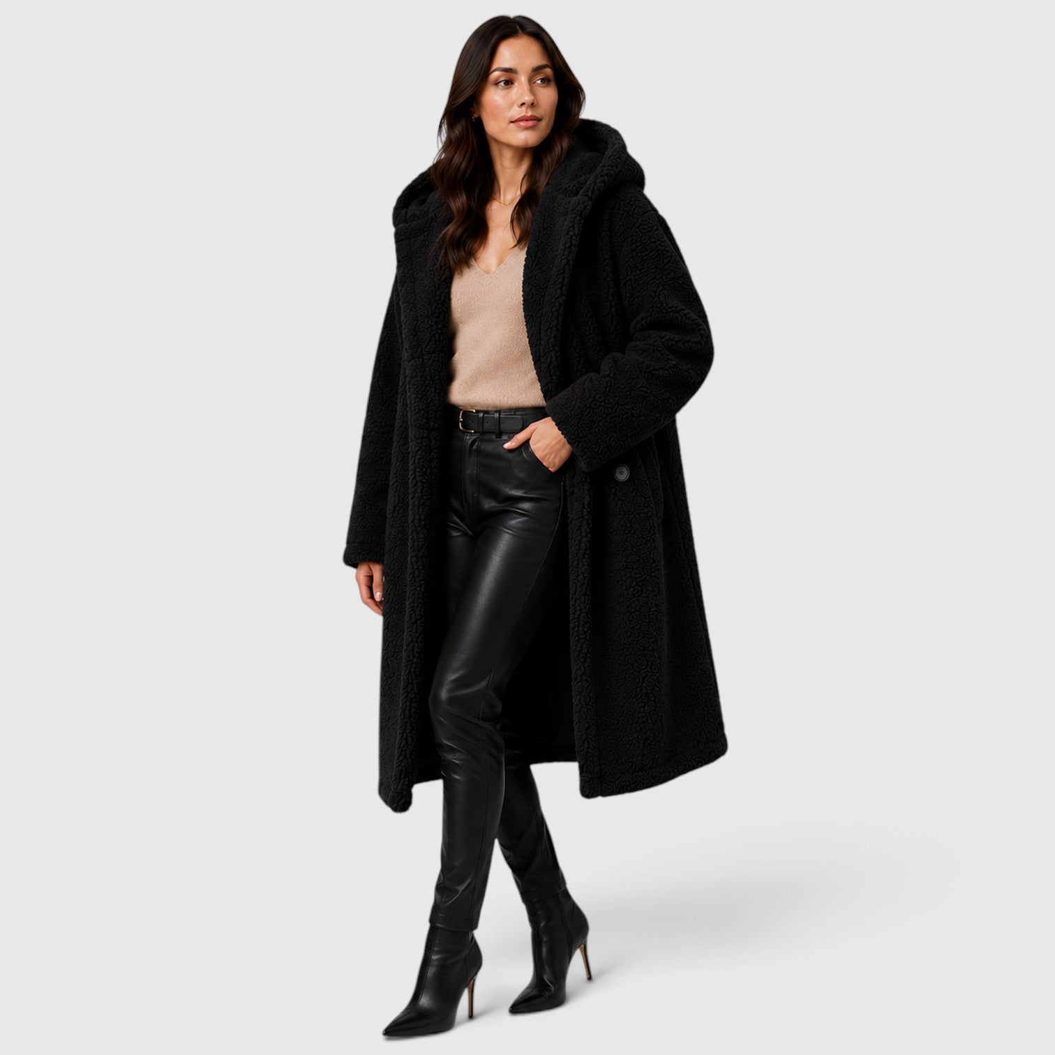 Monvaline | Women's Faux Fleece Coat – Hooded Long Design