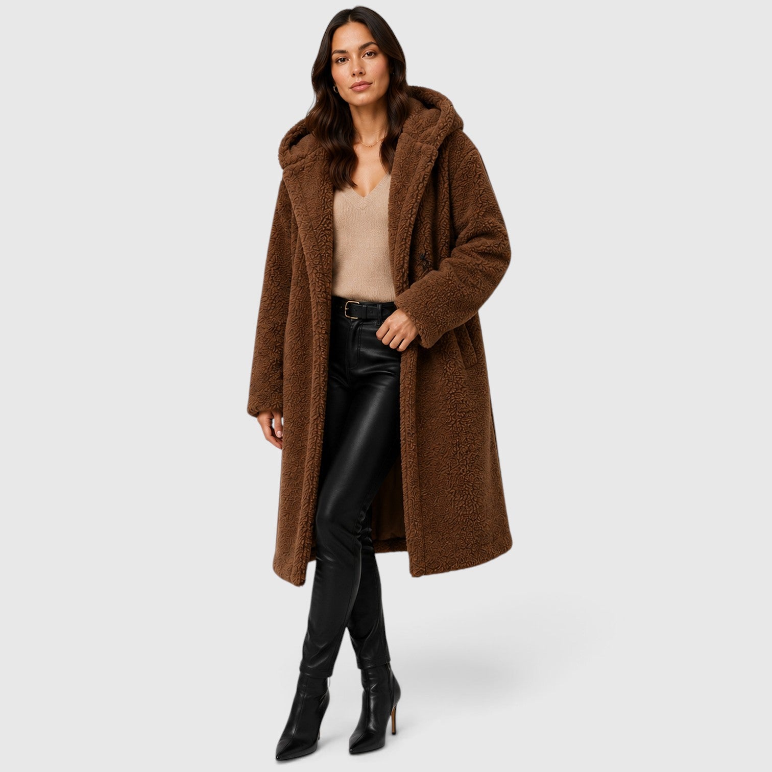 Monvaline | Women's Faux Fleece Coat – Hooded Long Design
