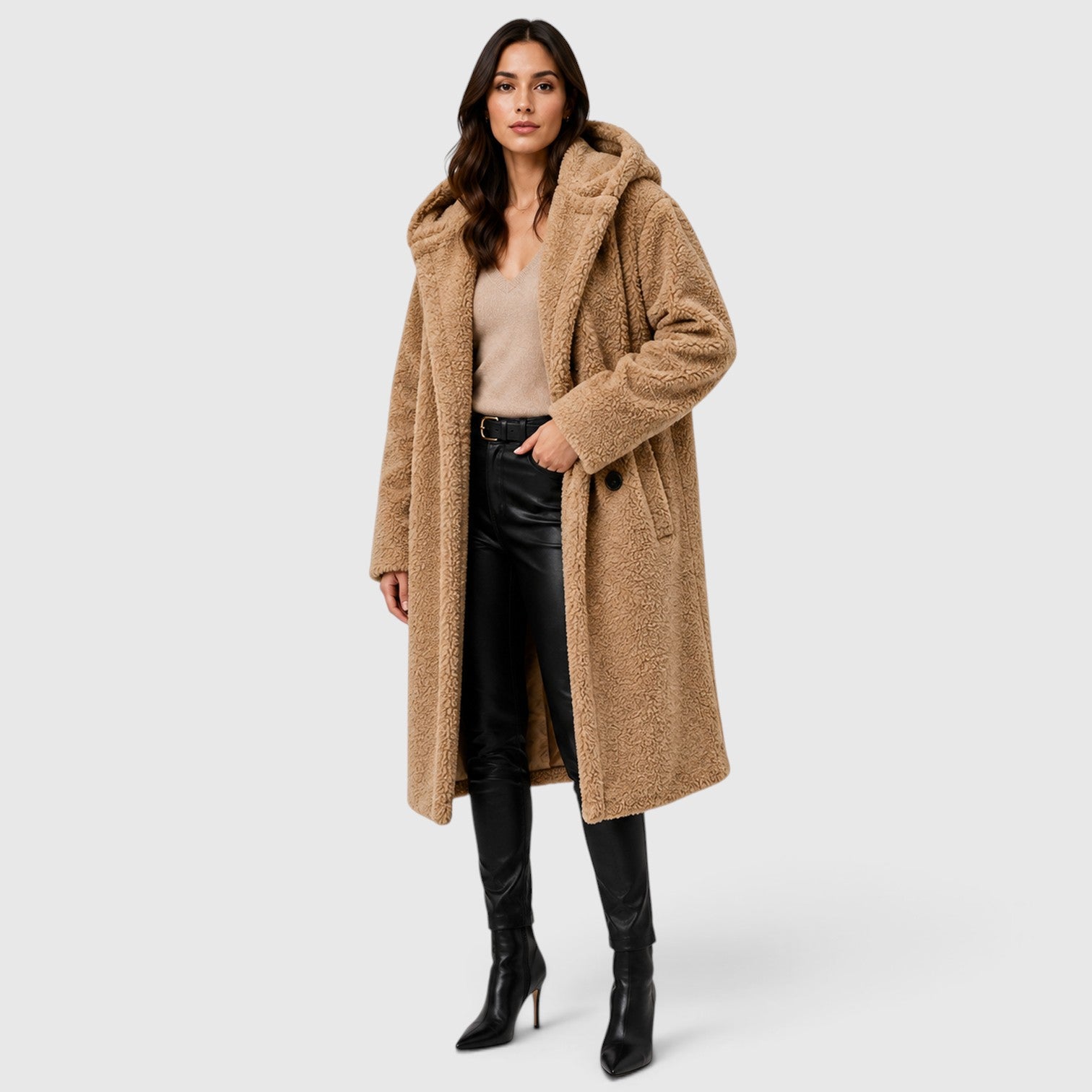 Monvaline | Women's Faux Fleece Coat – Hooded Long Design