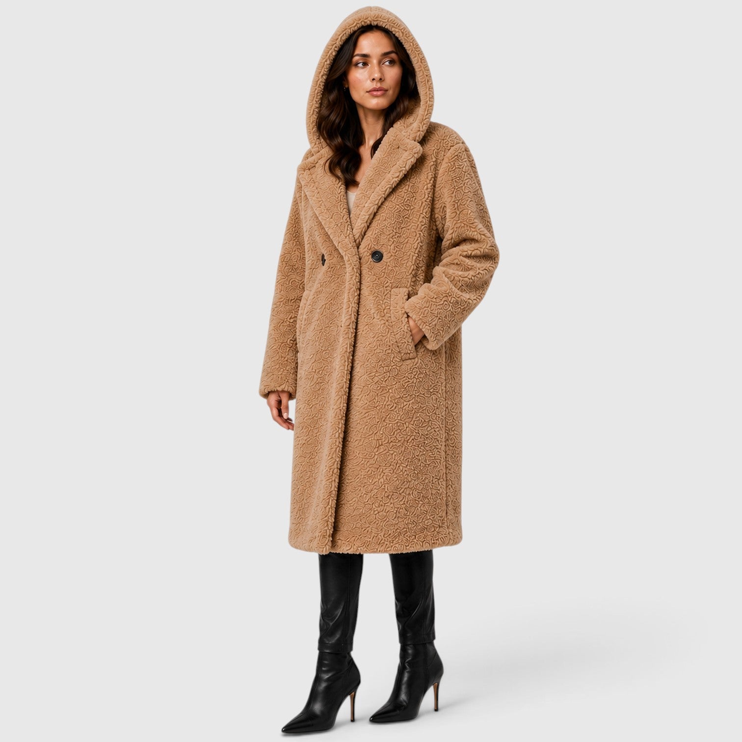 Monvaline | Women's Faux Fleece Coat – Hooded Long Design