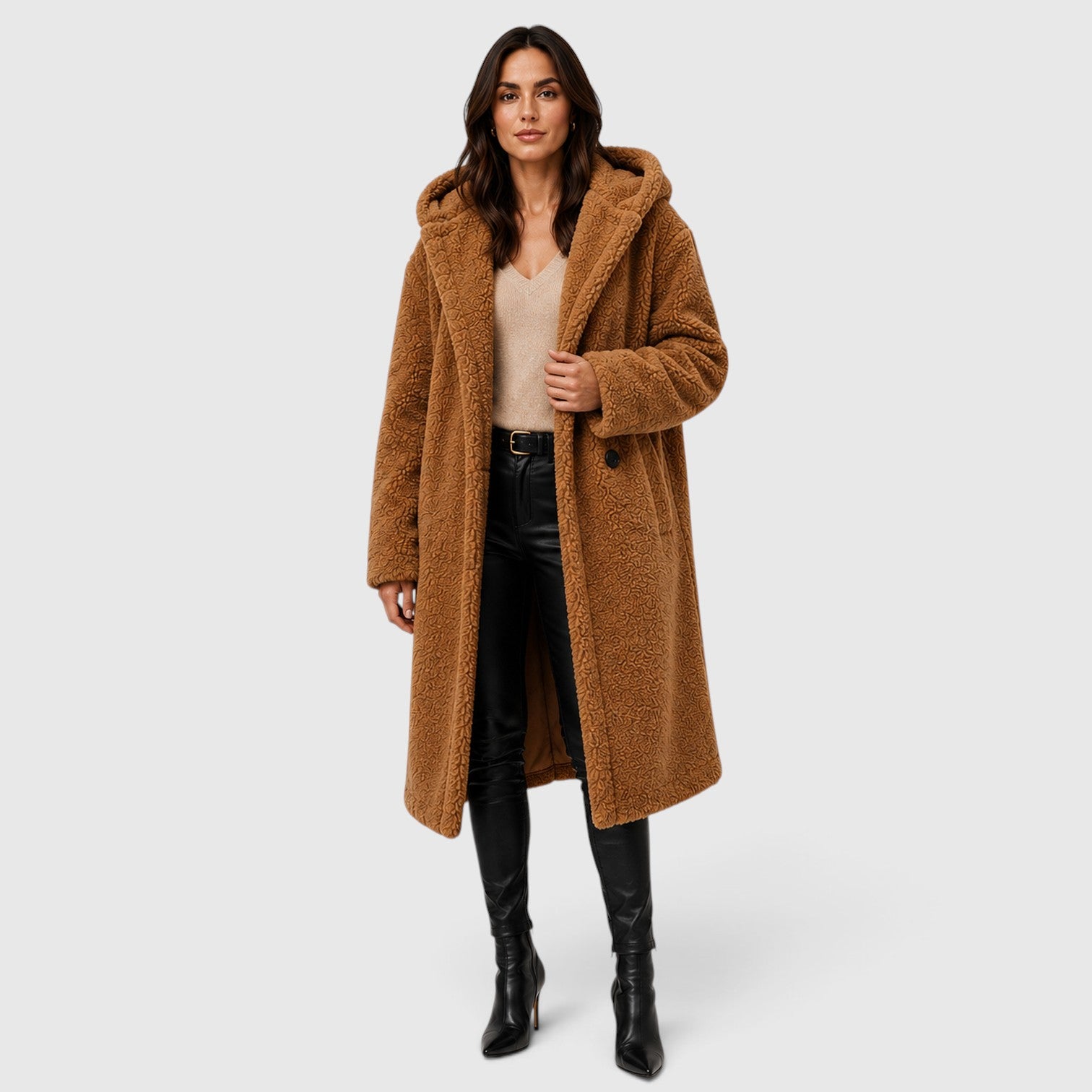 Monvaline | Women's Faux Fleece Coat – Hooded Long Design