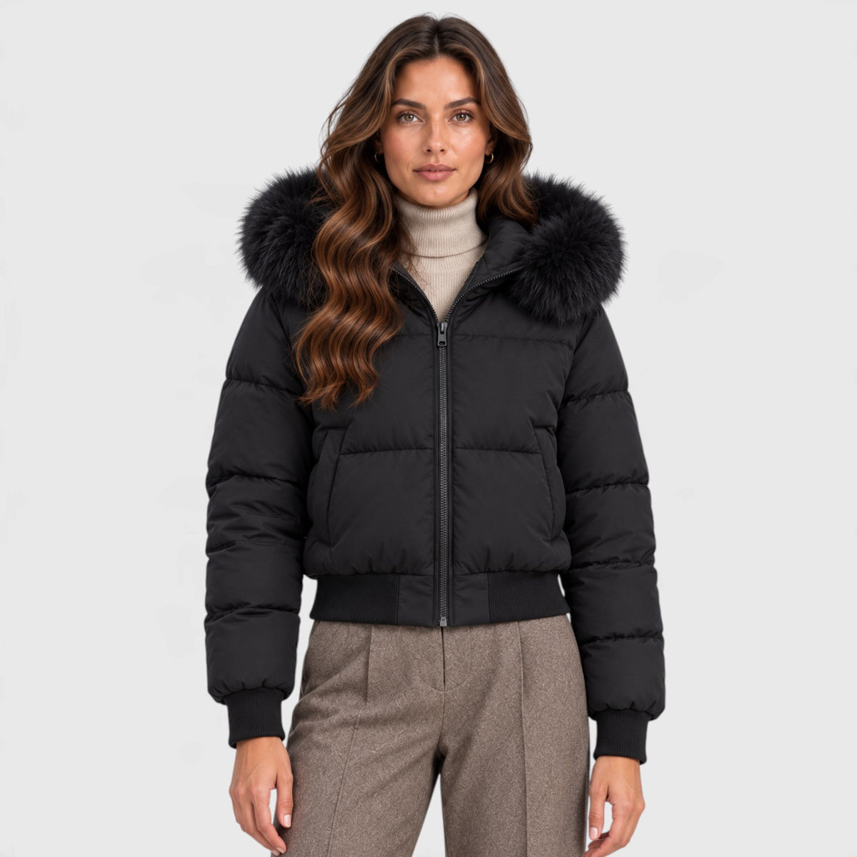 Monvaline | Women's Faux Fur Collar Puffer Jacket Full Zip Winter Coat