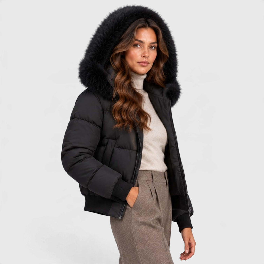 Monvaline | Women's Faux Fur Collar Puffer Jacket Full Zip Winter Coat