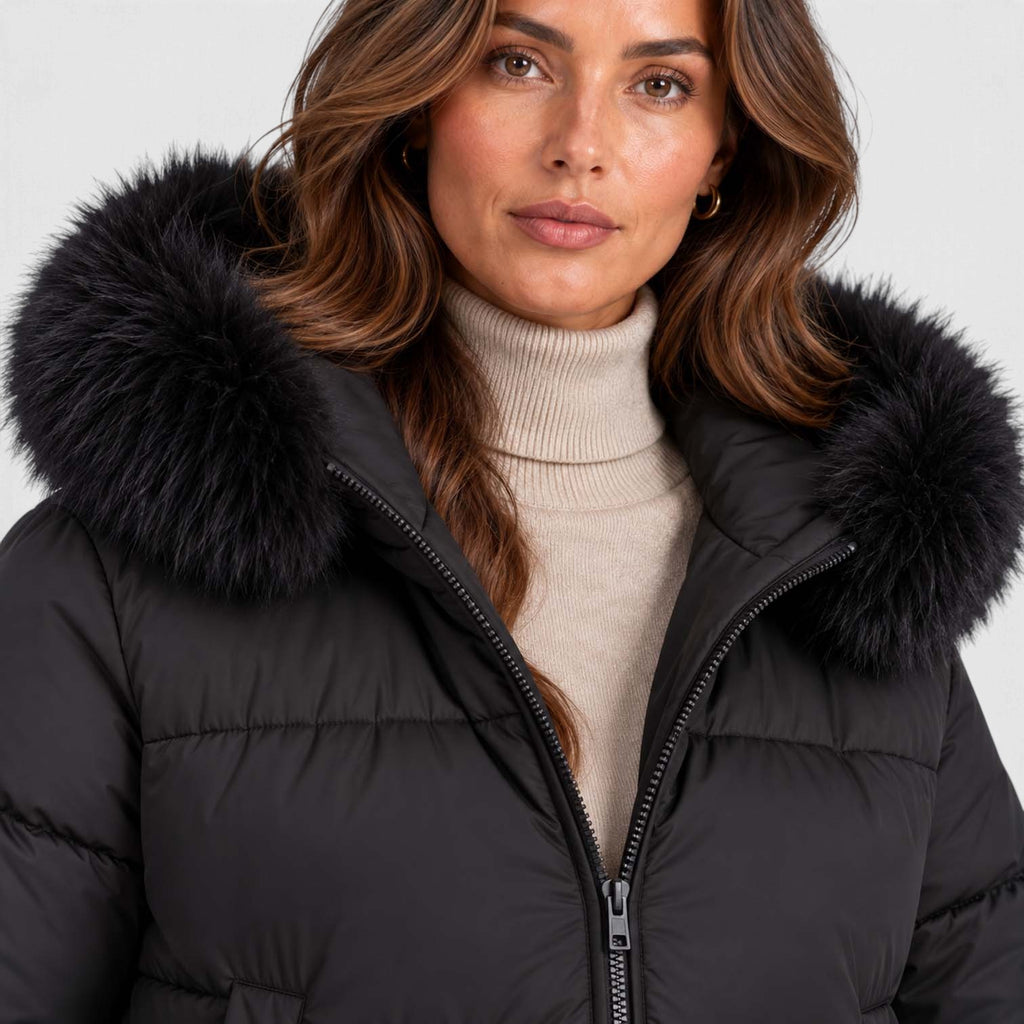 Monvaline | Women's Faux Fur Collar Puffer Jacket Full Zip Winter Coat