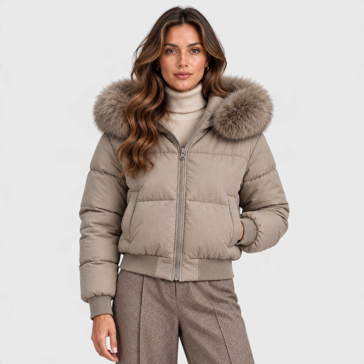 Monvaline | Women's Faux Fur Collar Puffer Jacket Full Zip Winter Coat